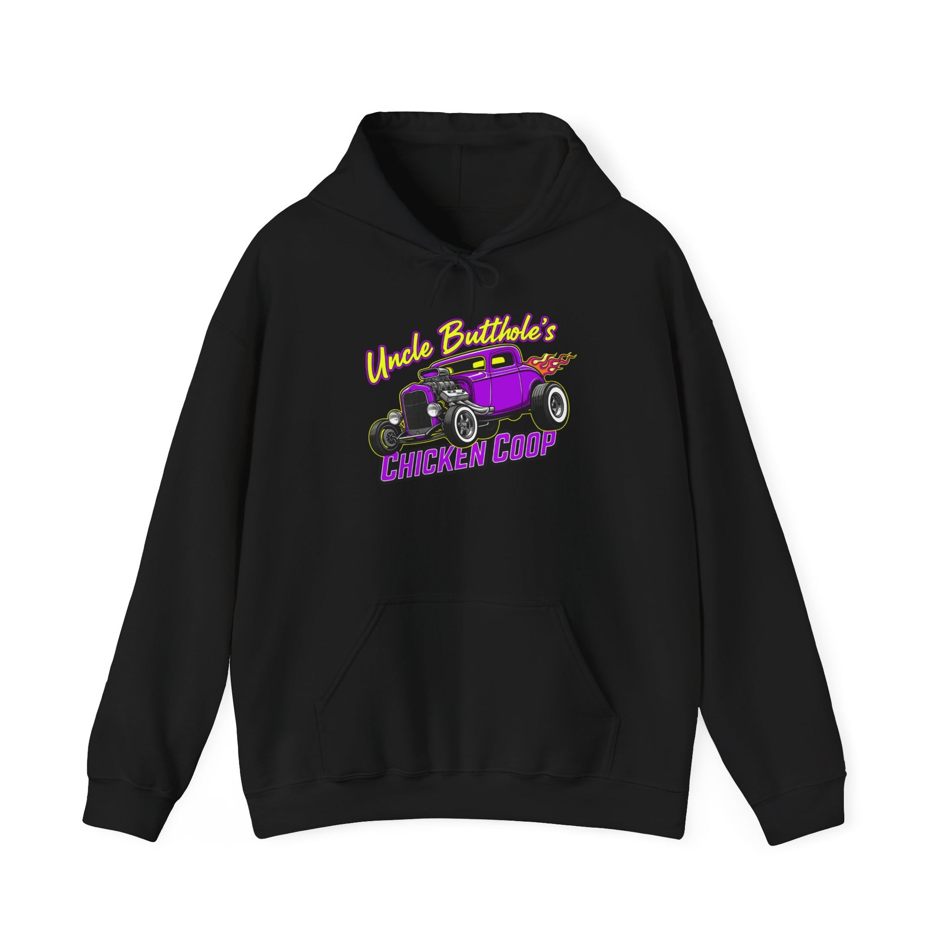 Black hoodie with a graphic of a purple car and text 'Uncle Butthole's Chicken Coop' on a white background