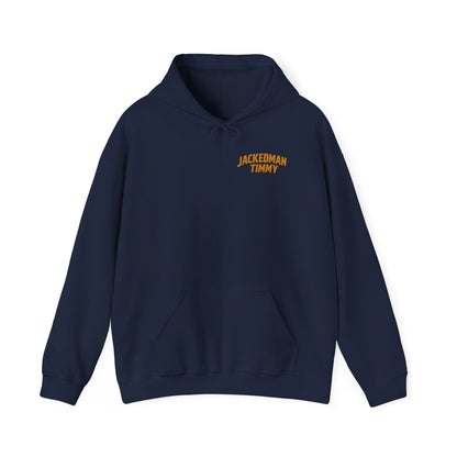 Navy blue hoodie with 'Jackedman Timmy' text on a white background