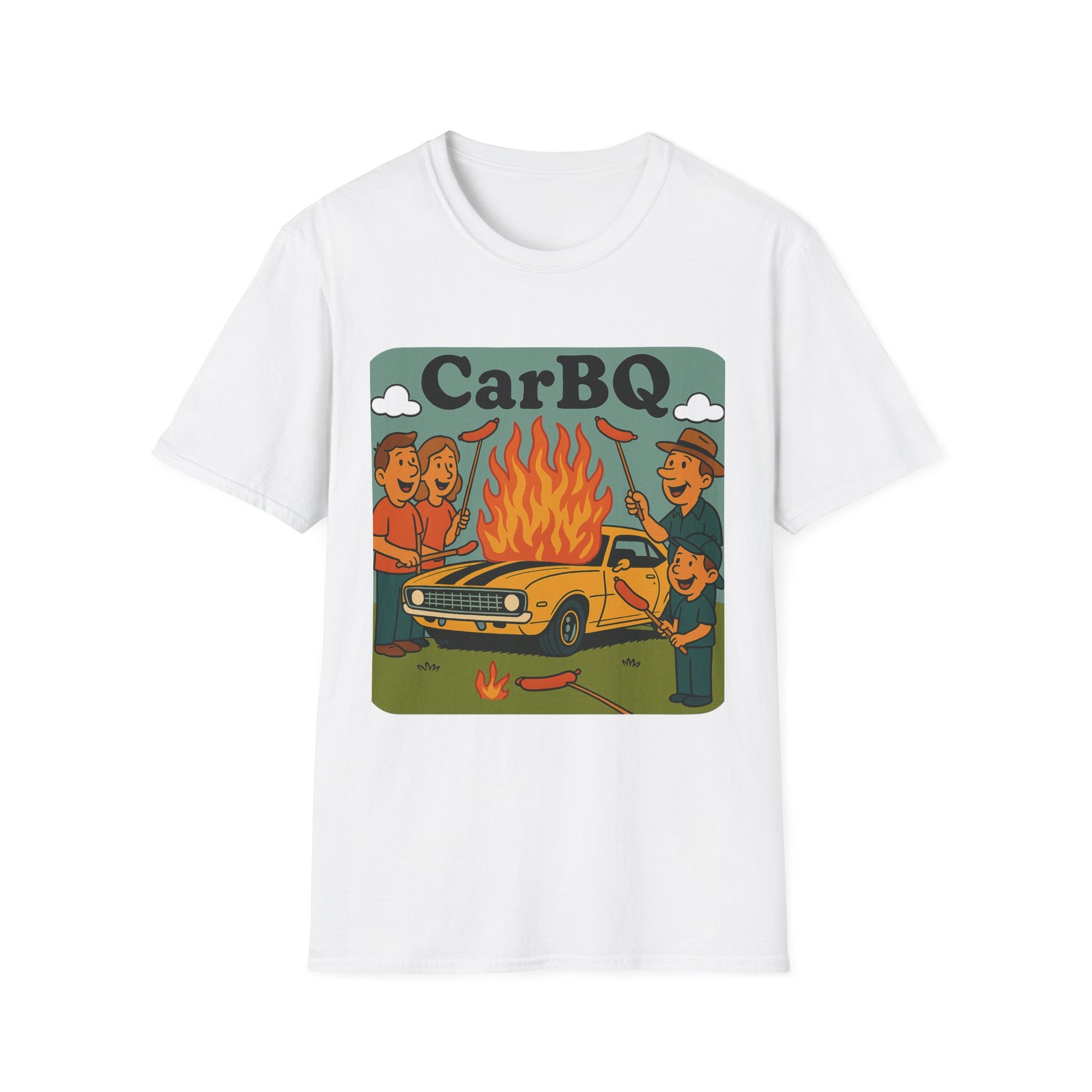 White t-shirt with a graphic of people cooking on a car and 'Car BBQ' text on a white background