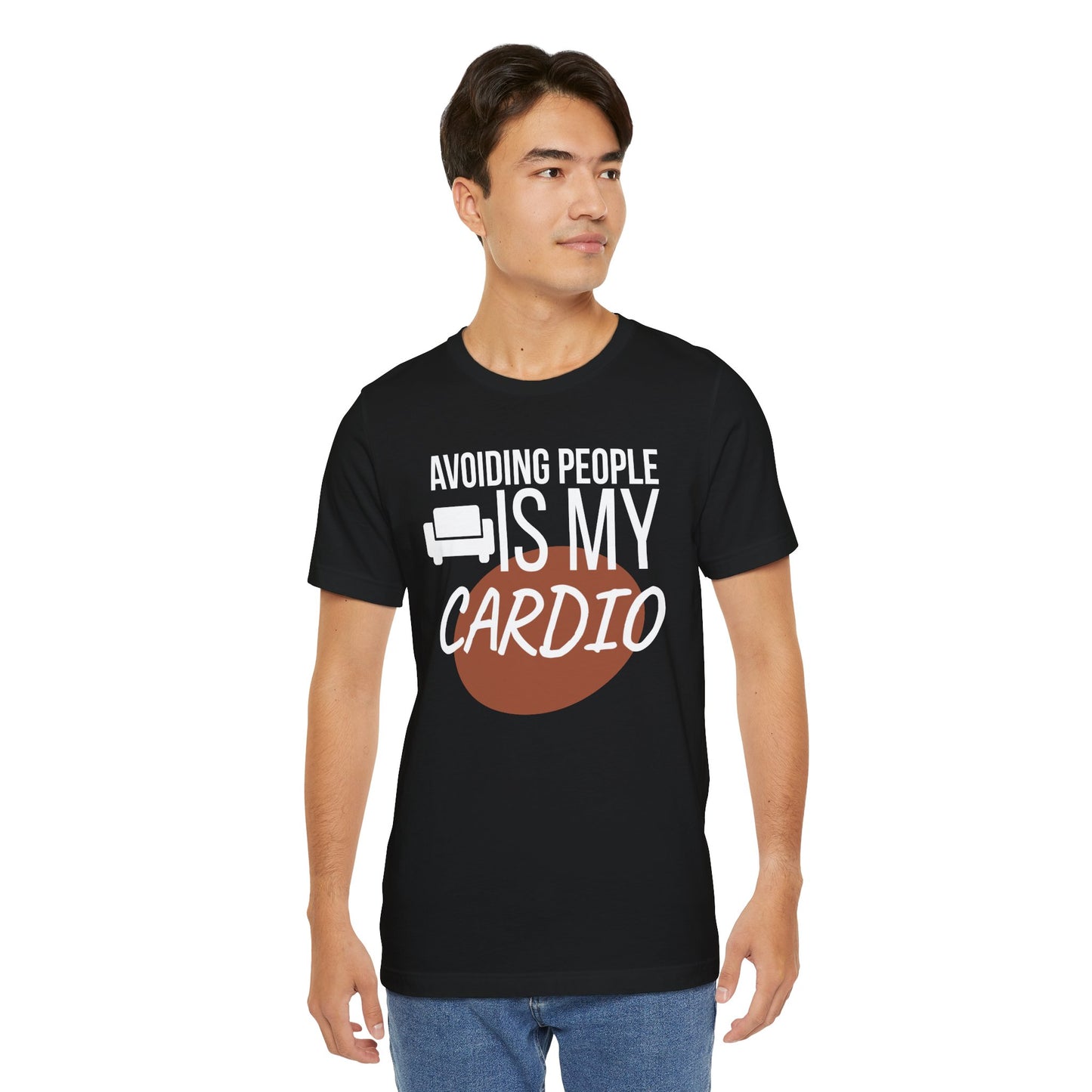 Man wearing a black t-shirt with humorous text 'Avoiding People Is My Cardio' design on a white background