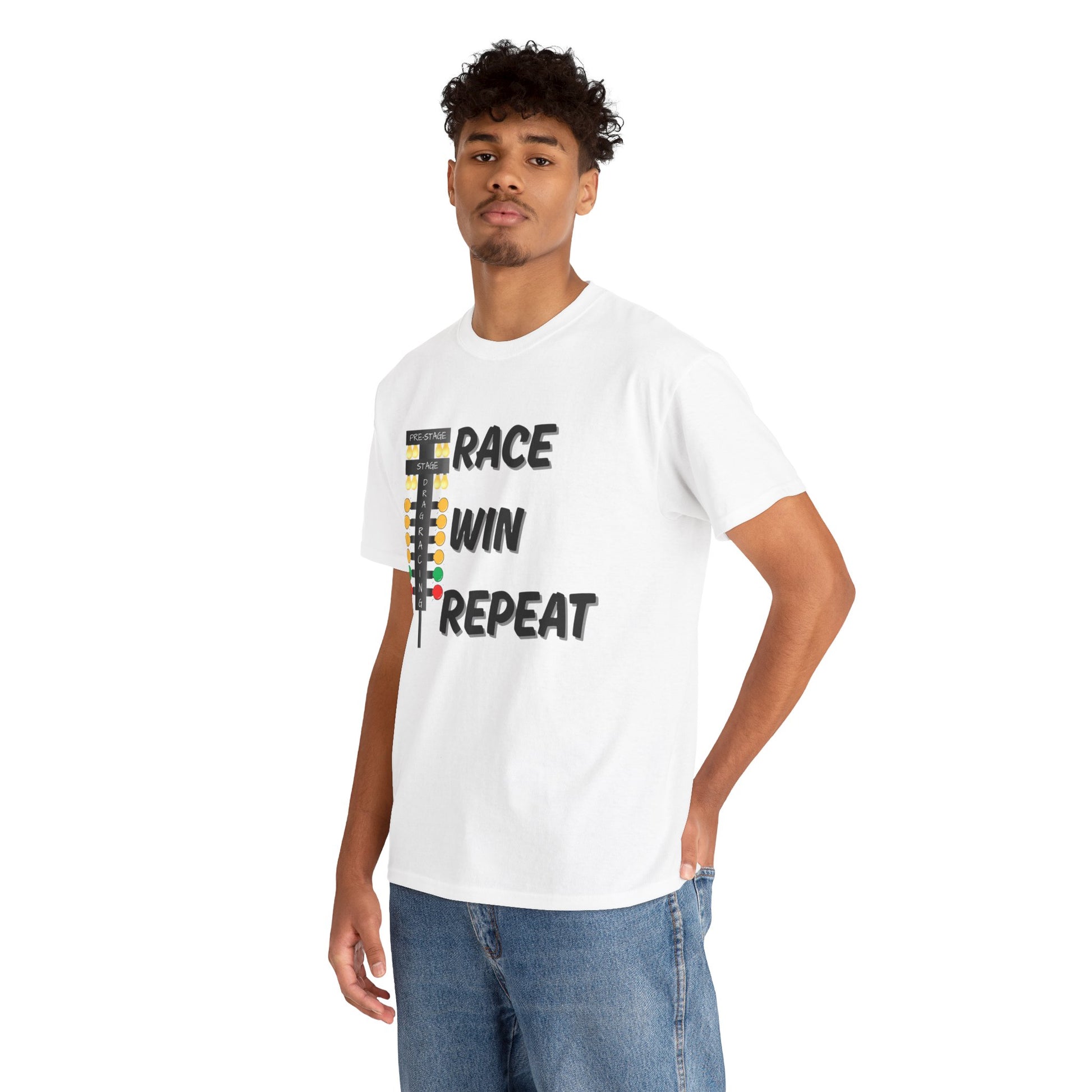 Person wearing a white t-shirt with 'Race Win Repeat' text design on a white background