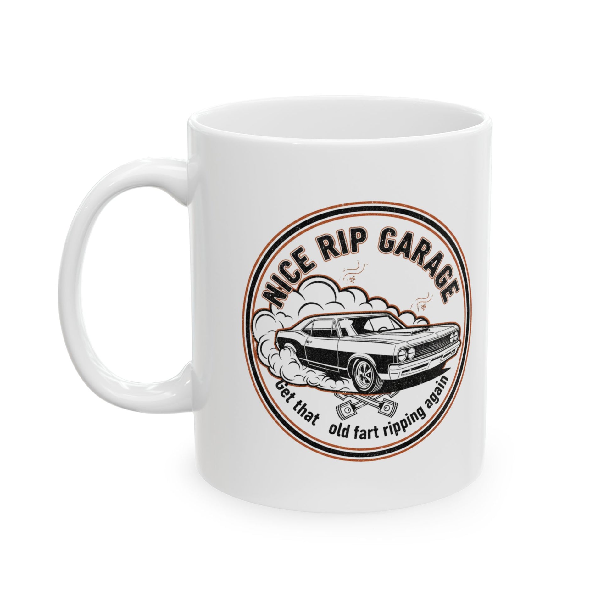 White mug with a graphic design featuring a car and text 'Nice Rip Garage Get that old fart ripping again' on a white background