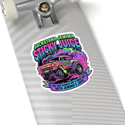 Sticker on a skateboard deck with colorful design and 'Jackstand Jemima Sticky Juice You Can Always Rip A Good One With Jemima's Juice' text.