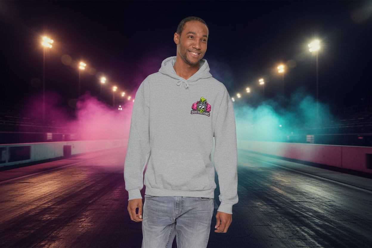 Sick Puke Tank hoodie in sport gray - Man wearing drag racing hoodie with front chest logo at nighttime drag strip with neon lighting