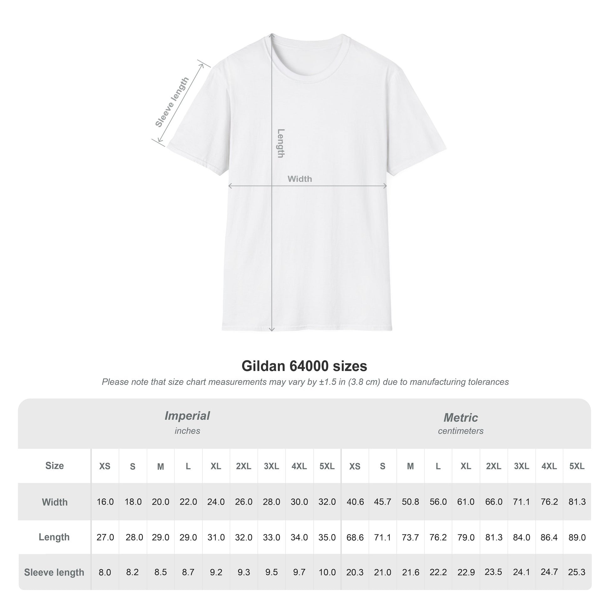 Gildan 64000 t-shirt sizing chart