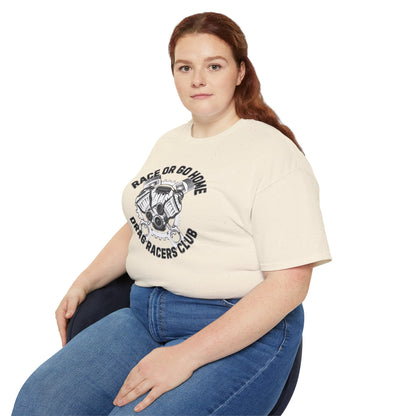 Person wearing a cream t-shirt with graphic design and text 'RACE OR GO HOME DRAG RACERS CLUB', sitting on a white background