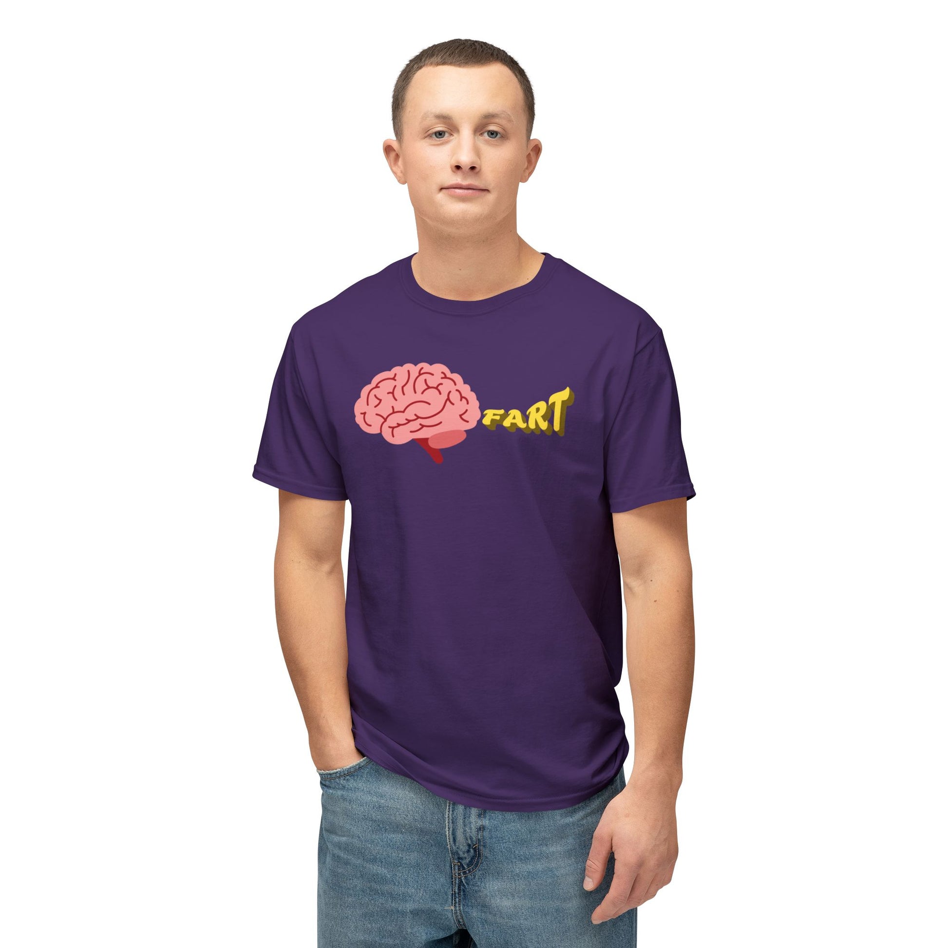 Person wearing a purple t-shirt with a brain graphic and the word 'FART' on a white background