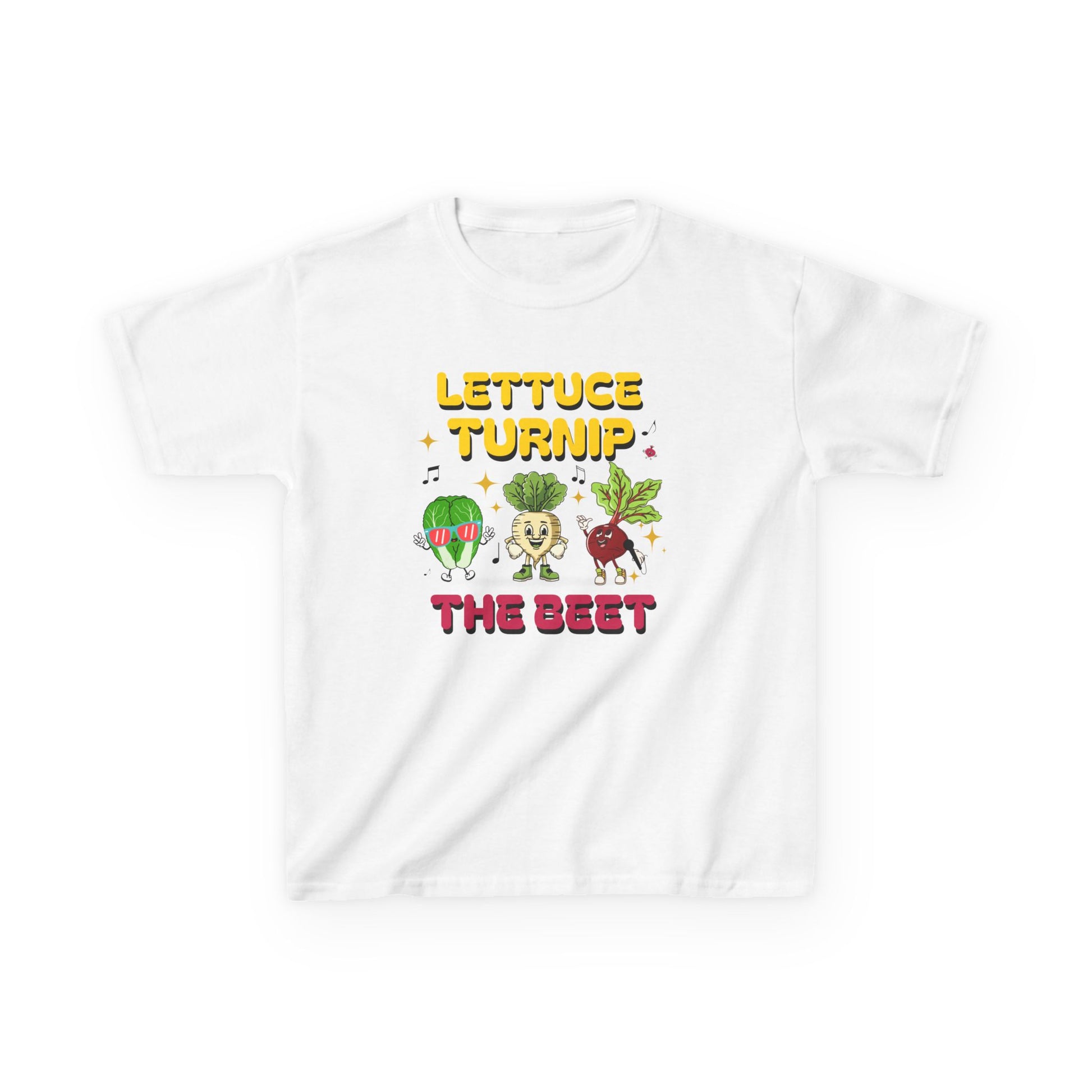 White t-shirt with cartoon vegetables and text 'Lettuce Turnip the Beet' on a white background