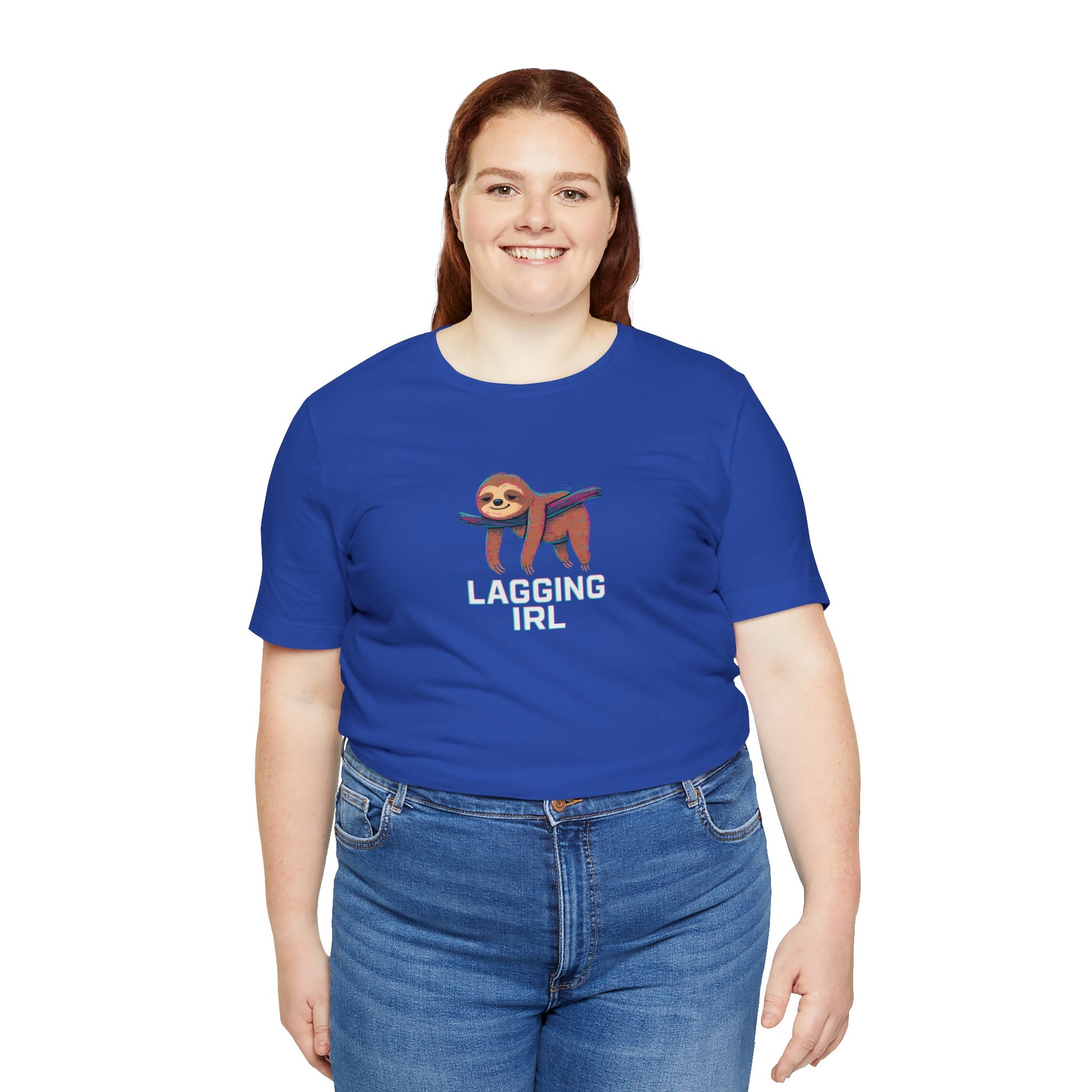 Person wearing a blue t-shirt with a sloth graphic and text 'Lagging IRL' on a white background