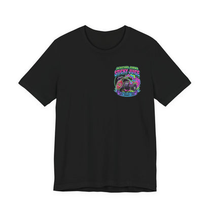 Black t-shirt with colorful graphic design 'Jackstand Jemima Sticky Juice' on a white background