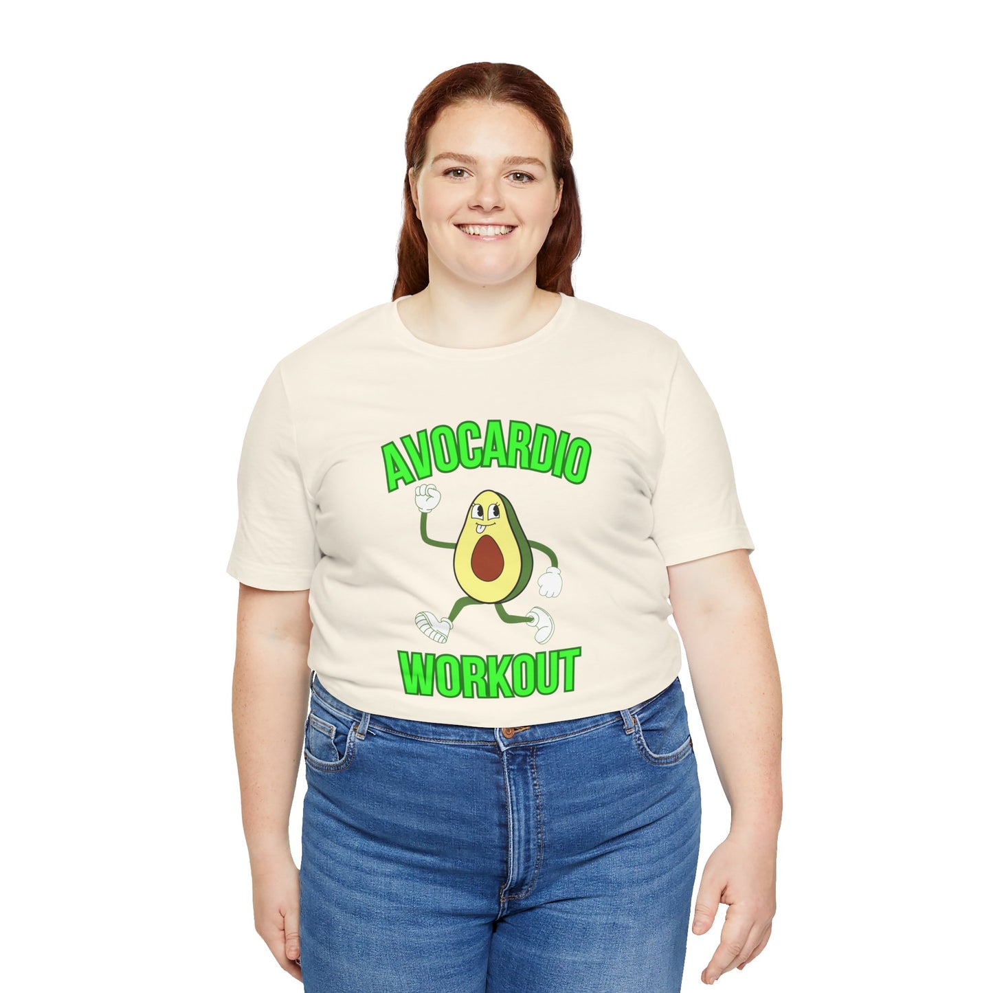 Person wearing a cream t-shirt with an avocado graphic and text 'Avocardio workout' on a white background