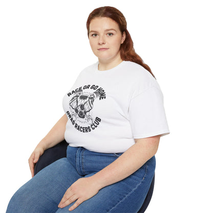 Person wearing a white t-shirt with a graphic design and text 'RACE OR GO HOME DRAG RACERS CLUB', sitting on a white background