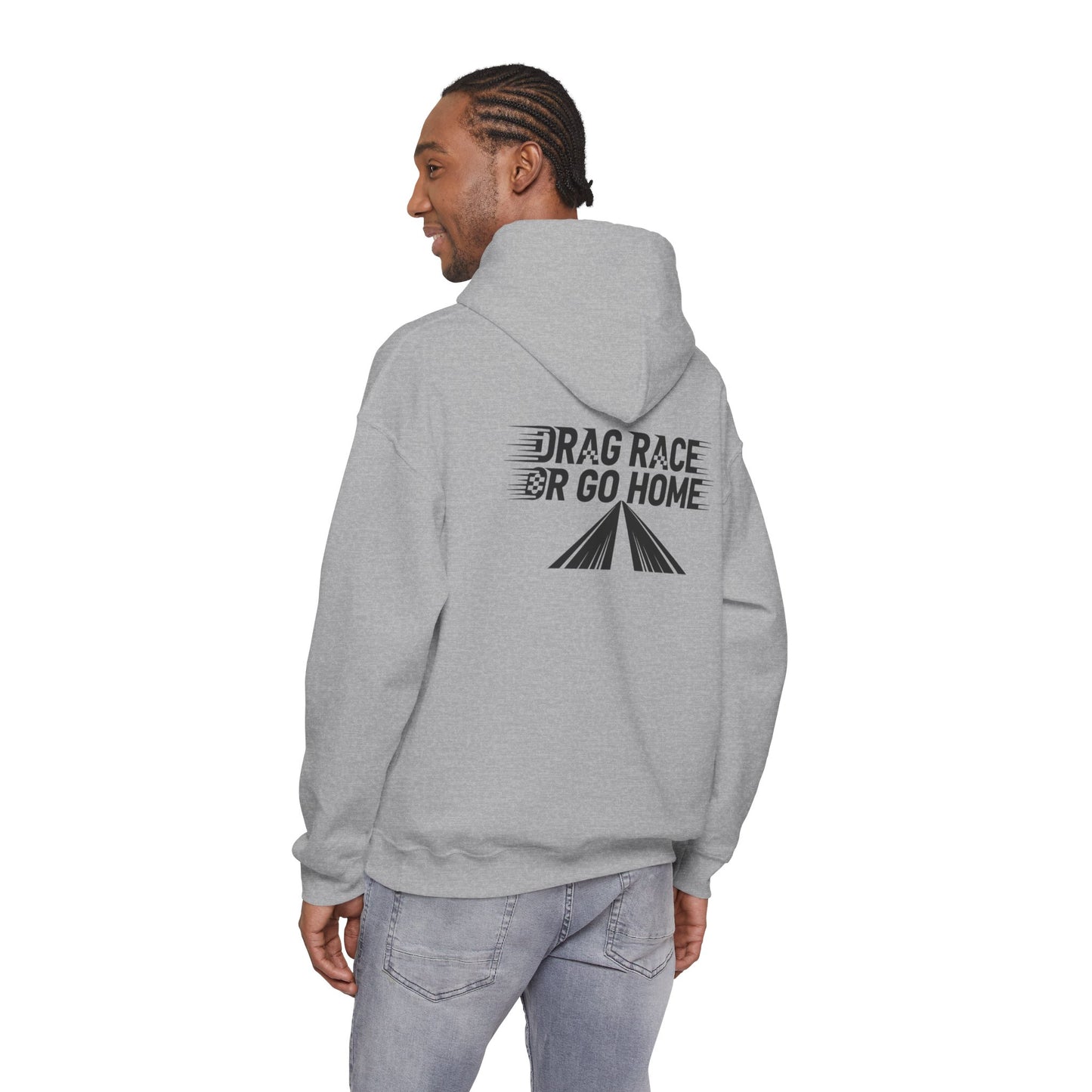 Person wearing a grey hoodie with 'Drag Race or Go Home' text on the back 