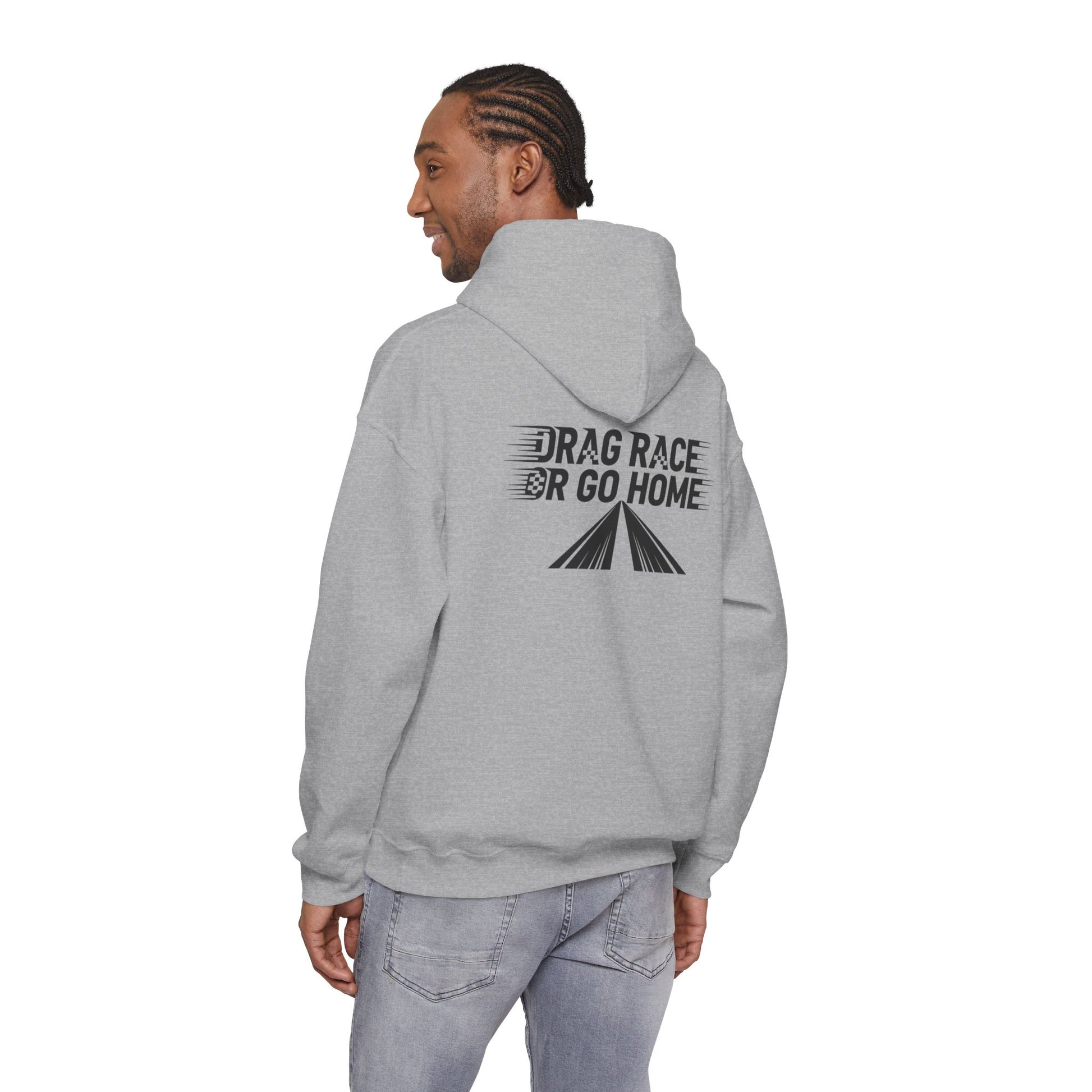 Person wearing a grey hoodie with 'Drag Race or Go Home' text on the back 