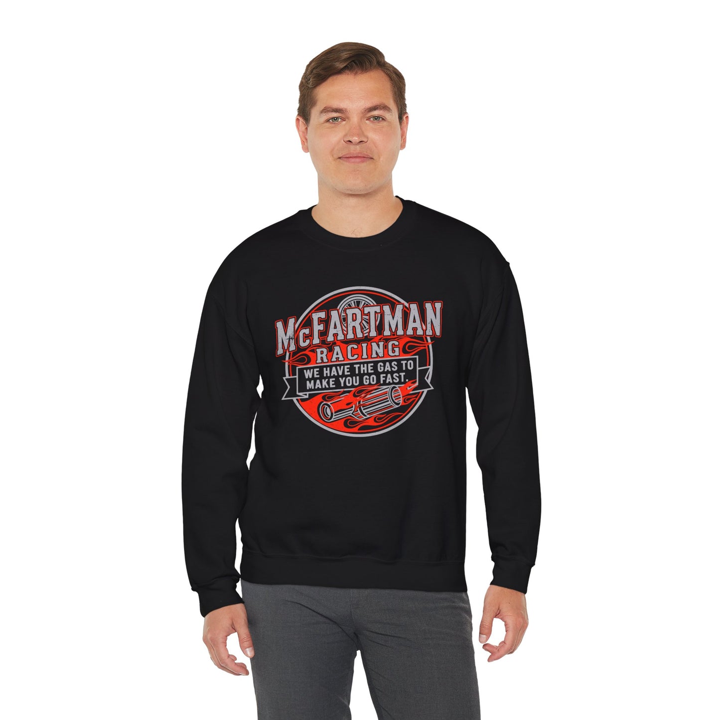 Man wearing a black sweatshirt with 'McFarman Racing' graphic design on a white background