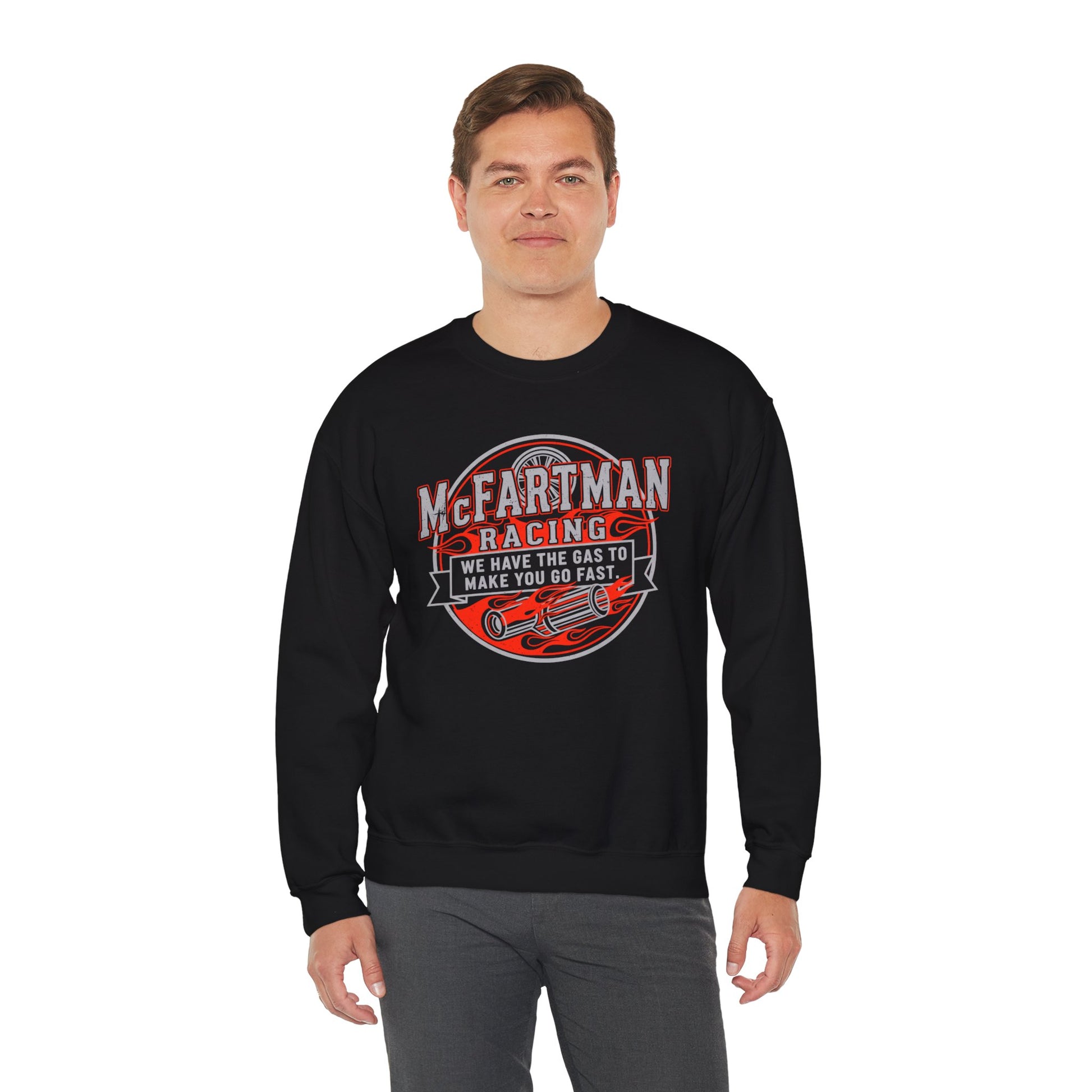 Man wearing a black sweatshirt with 'McFarman Racing' graphic design on a white background