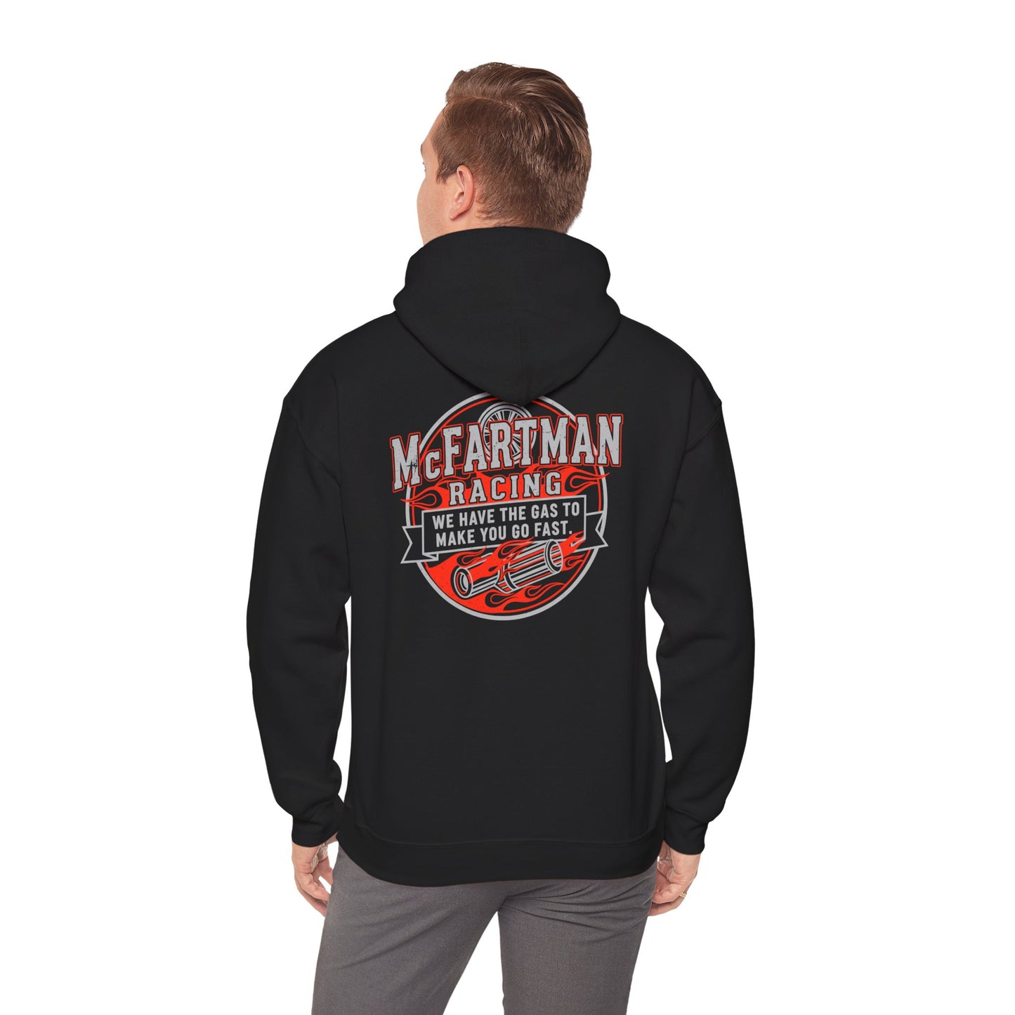 Black hoodie with 'McFarman Racing' graphic on the back, worn by a person.