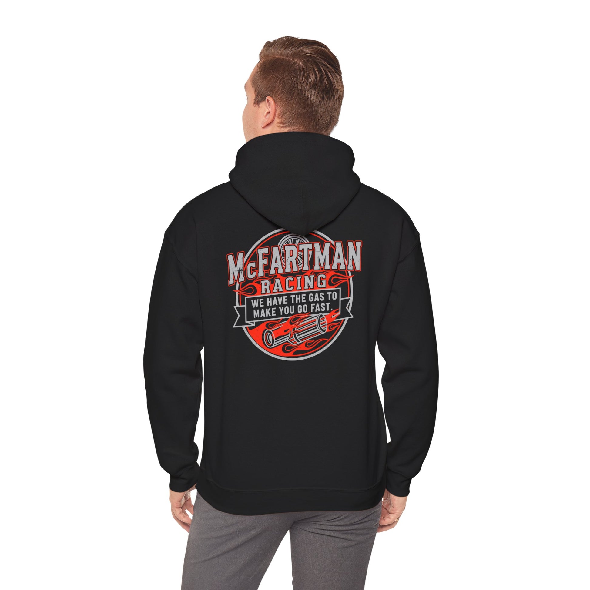 Black hoodie with 'McFarman Racing' graphic on the back, worn by a person.