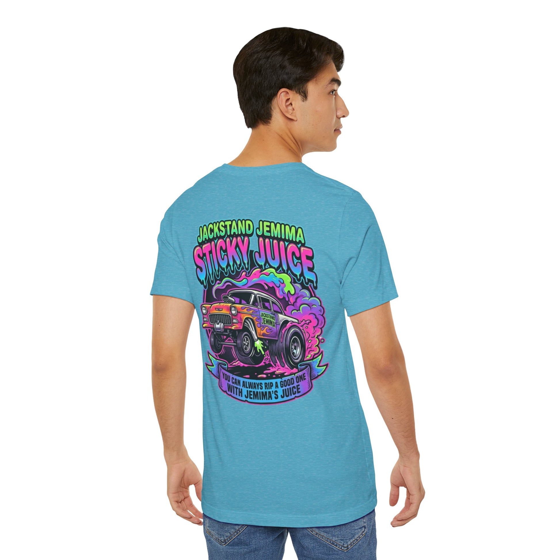 Person wearing a blue t-shirt with colorful graphic design and text  'Jackedstand Jemima Sticky Juice You Can Always Rip A Good One With Jemima's Juice' on the back