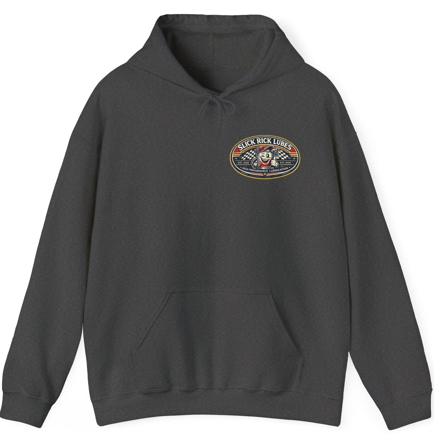 Black hoodie with a 'Slick Rick Lubes' logo on the chest against a white background