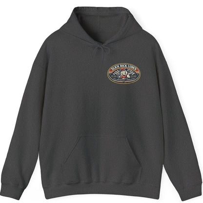 Black hoodie with a 'Slick Rick Lubes' logo on the chest against a white background