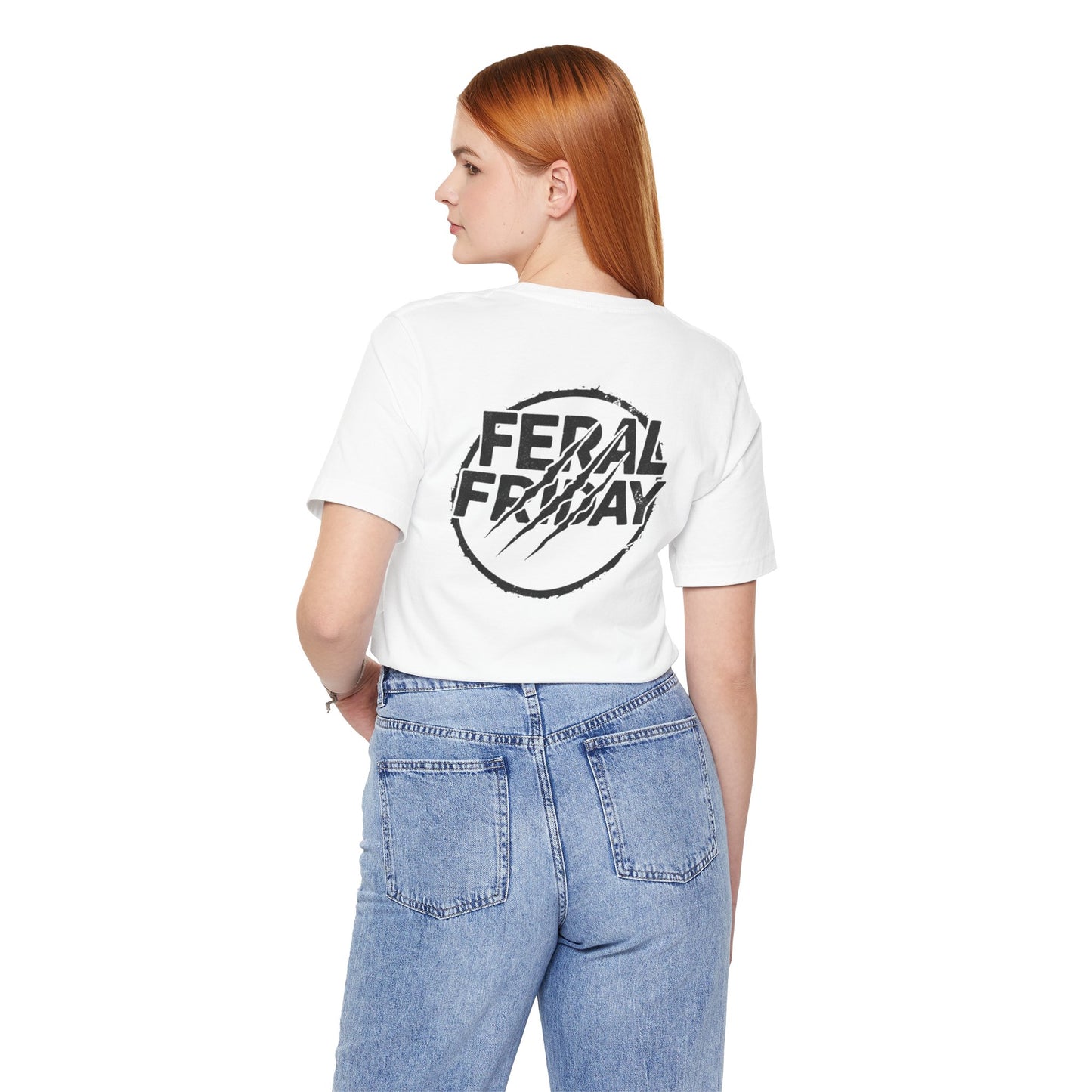 Person wearing a white t-shirt with 'Federal Friday' logo on the back, standing against a white background.