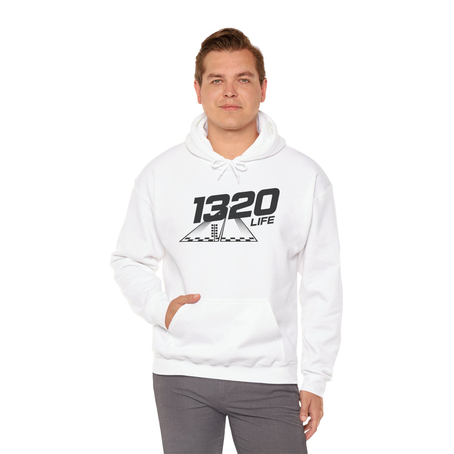 Man wearing a white hoodie with '1320 LIFE' logo on a white background