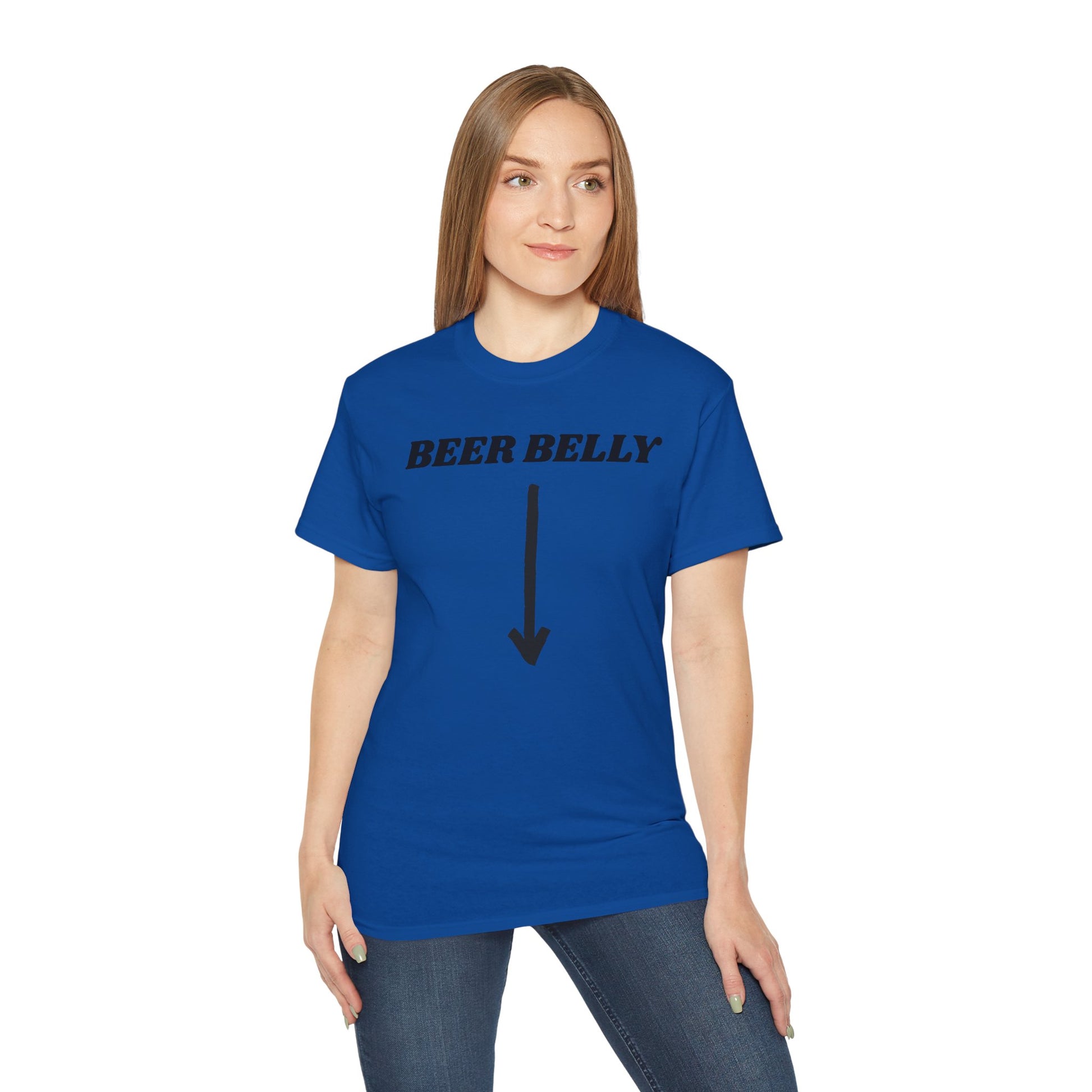 Person wearing a blue t-shirt with 'BEER BELLY' text and an arrow graphic on a white background