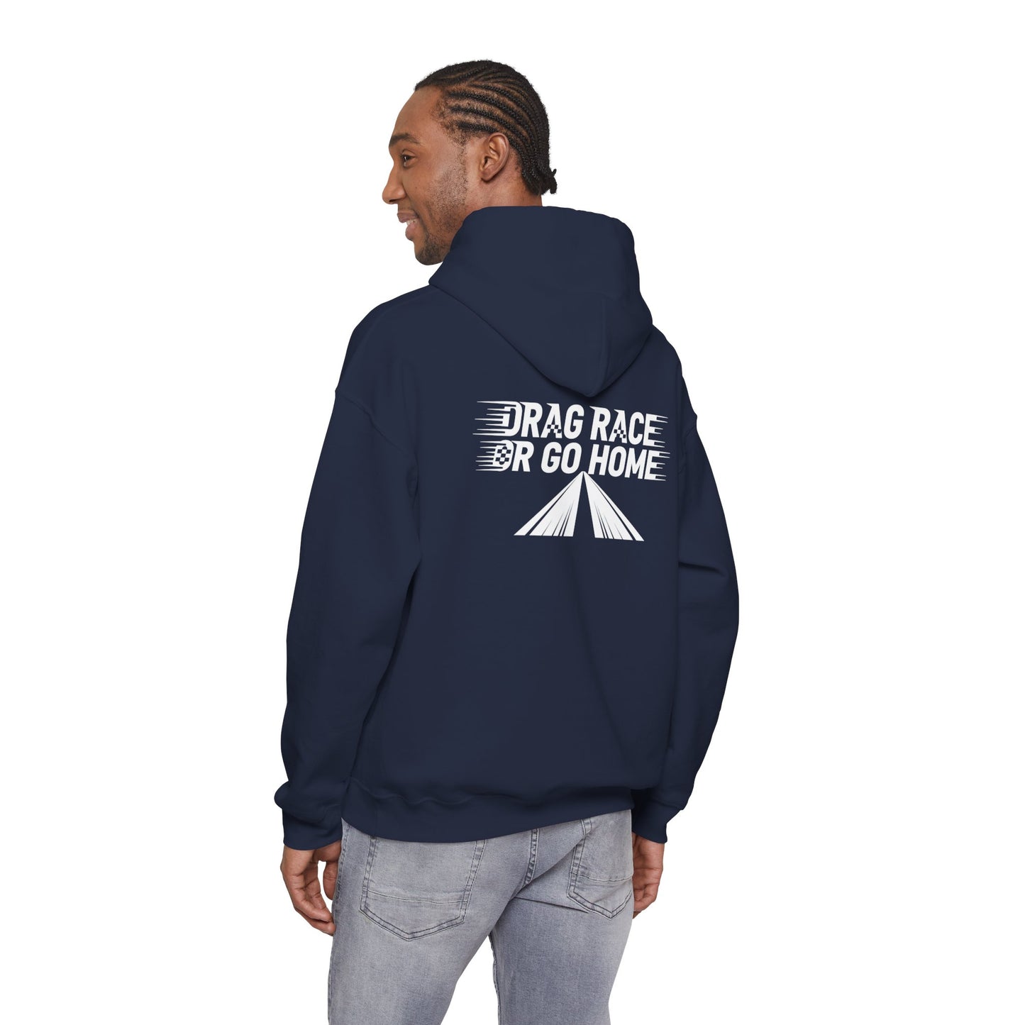Person wearing a navy hoodie with text 'Drag Race or Go Home' on the back, standing against a white background