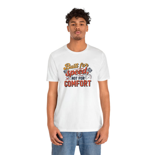 Person wearing a white t-shirt with text design on a white background