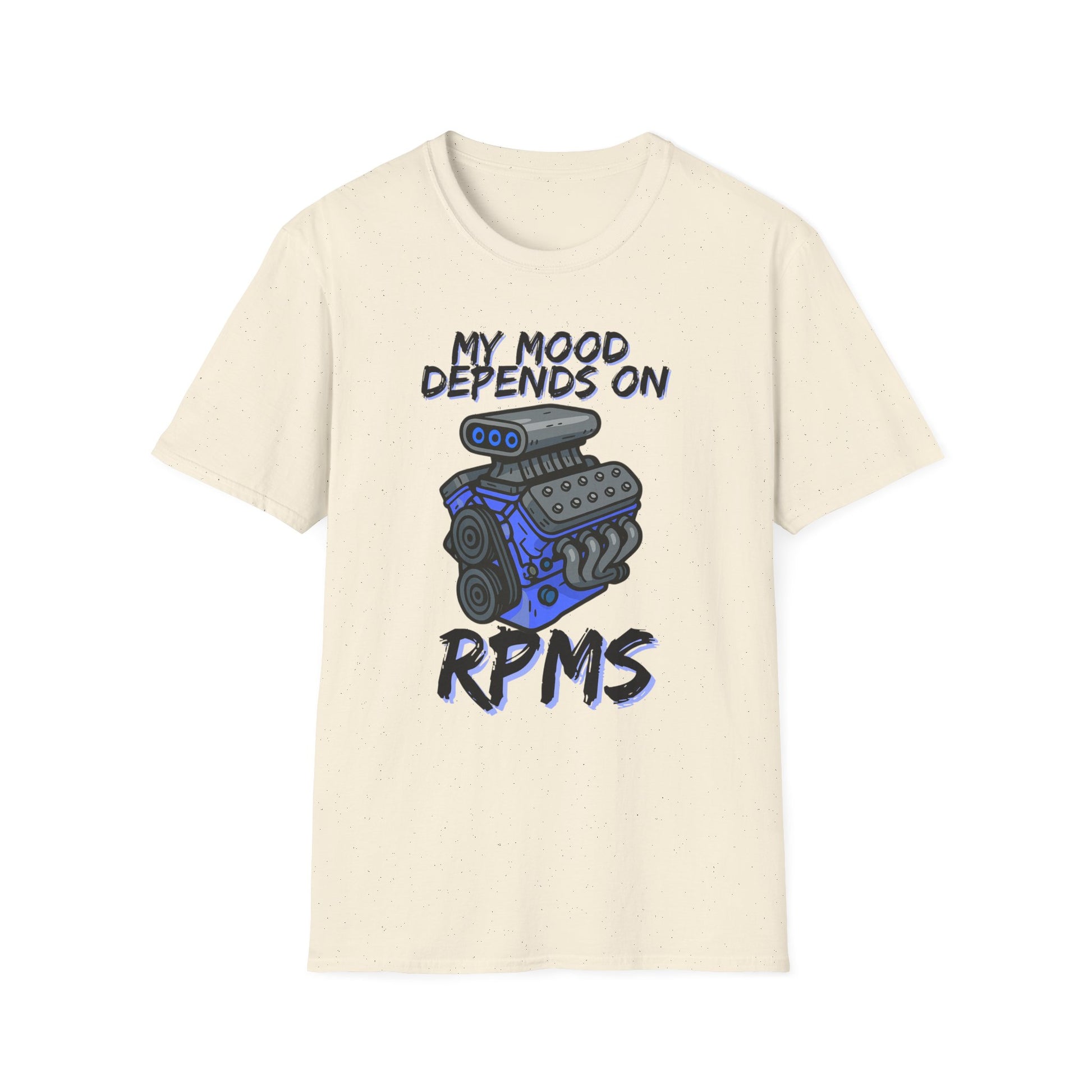 Beige t-shirt with a graphic of an engine and text on a white background