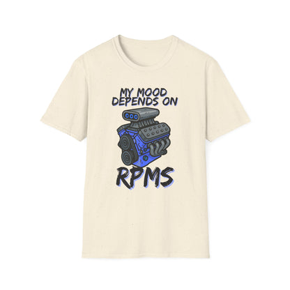 Beige t-shirt with a graphic of an engine and text on a white background