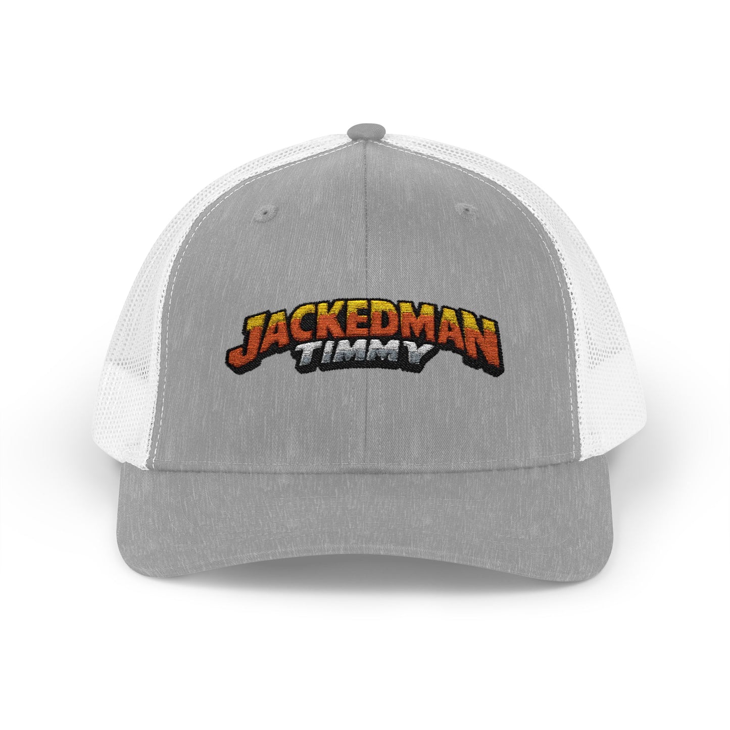 Gray and white cap with 'Jackedman Timmy' logo on a white background