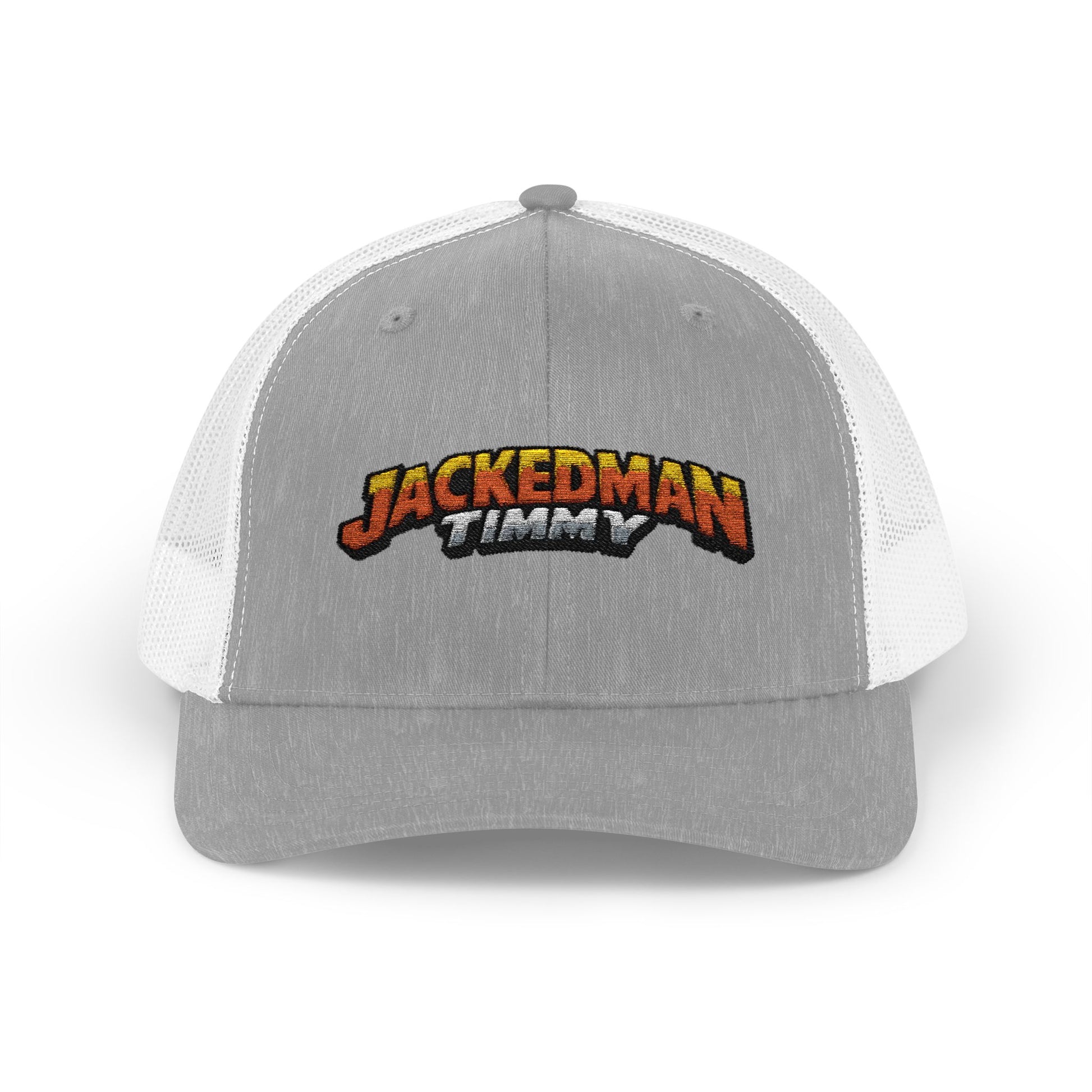 Gray and white cap with 'Jackedman Timmy' logo on a white background