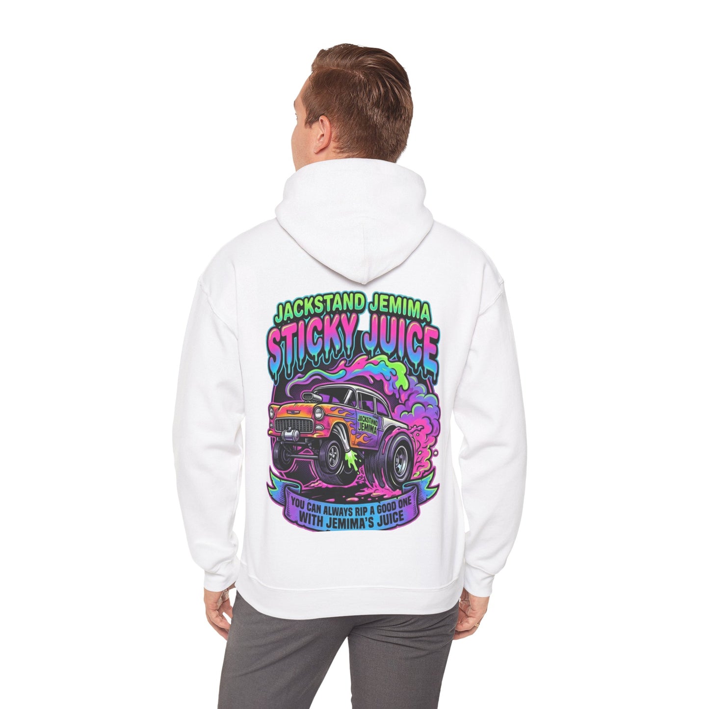 Person wearing a white hoodie with colorful graphic design on the back, featuring 'Jackstand Jemima Sticky Juice You Can Always Rip A Good One With Jemima's Juice' text and a car illustration.