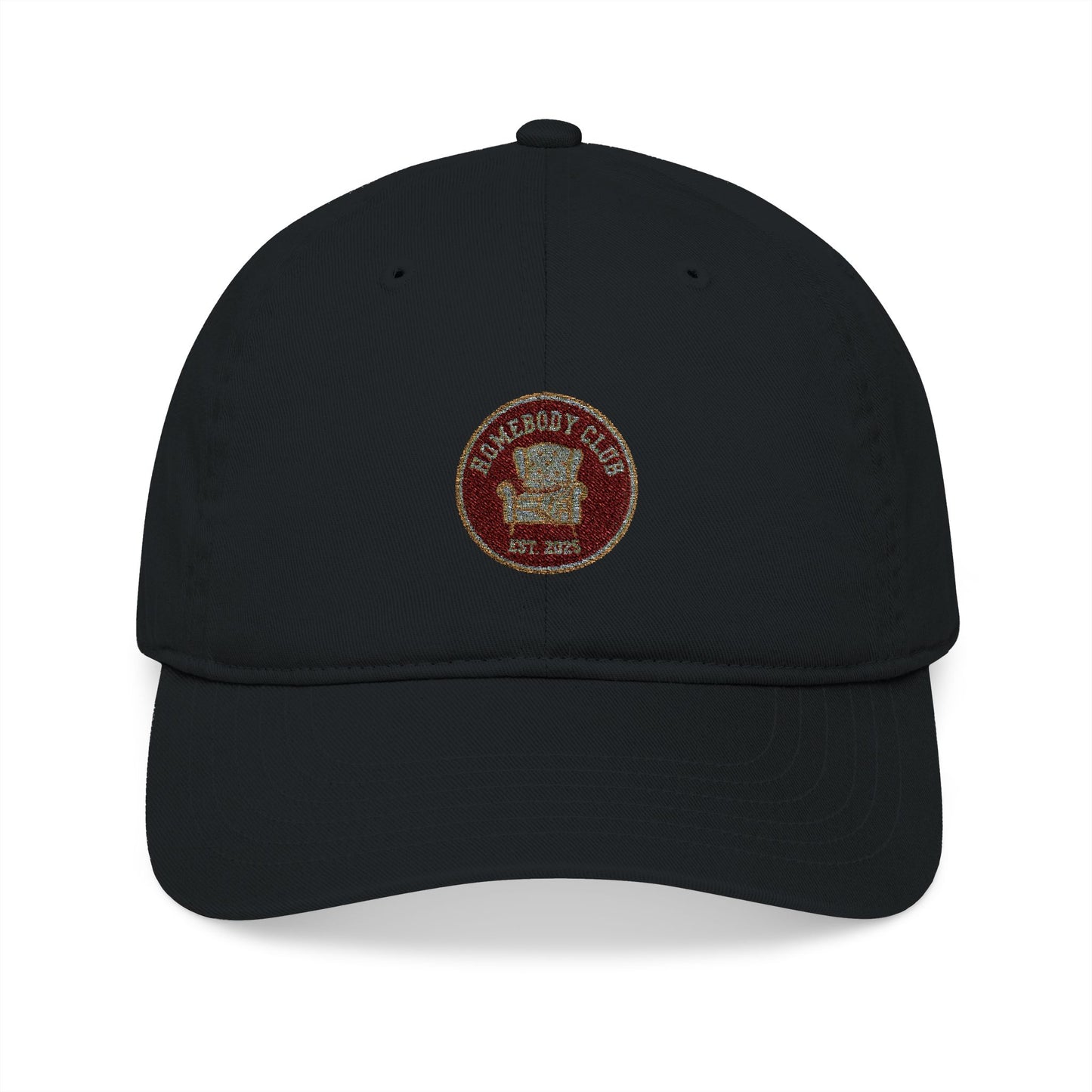Black cap with a red and gold emblem and text 'Homebody club Est. 2025' on a white background