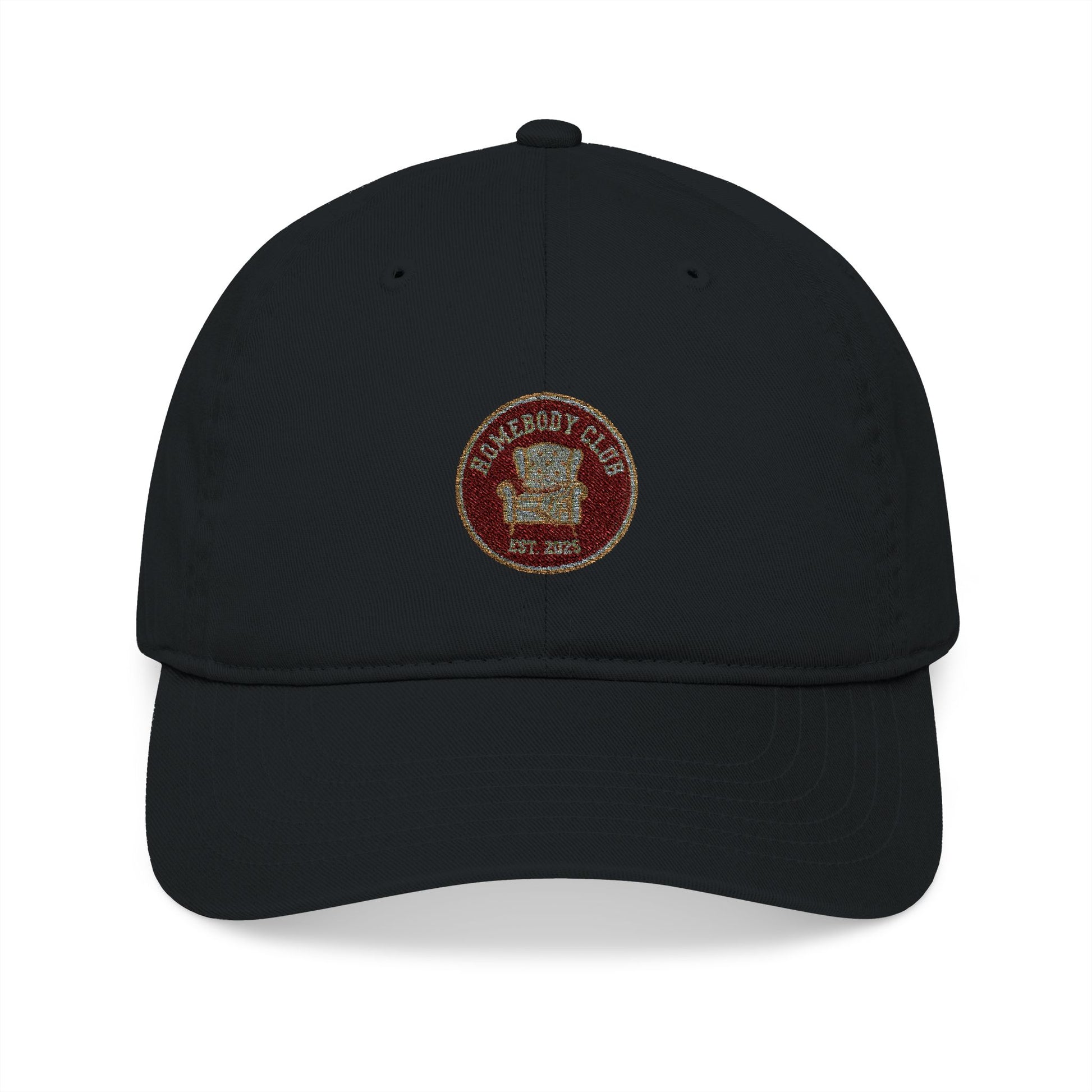 Black cap with a red and gold emblem and text 'Homebody club Est. 2025' on a white background
