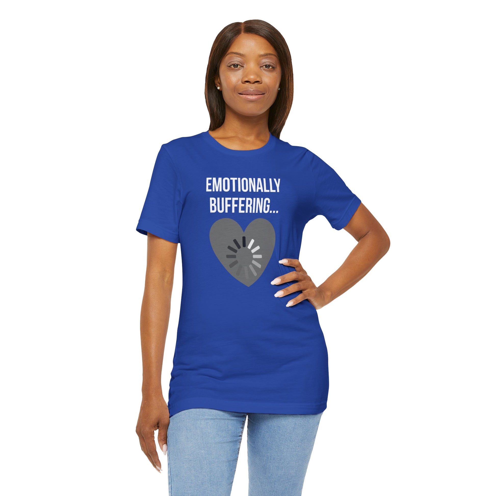 Woman wearing a blue t-shirt with 'Emotionally Buffering' design on a white background