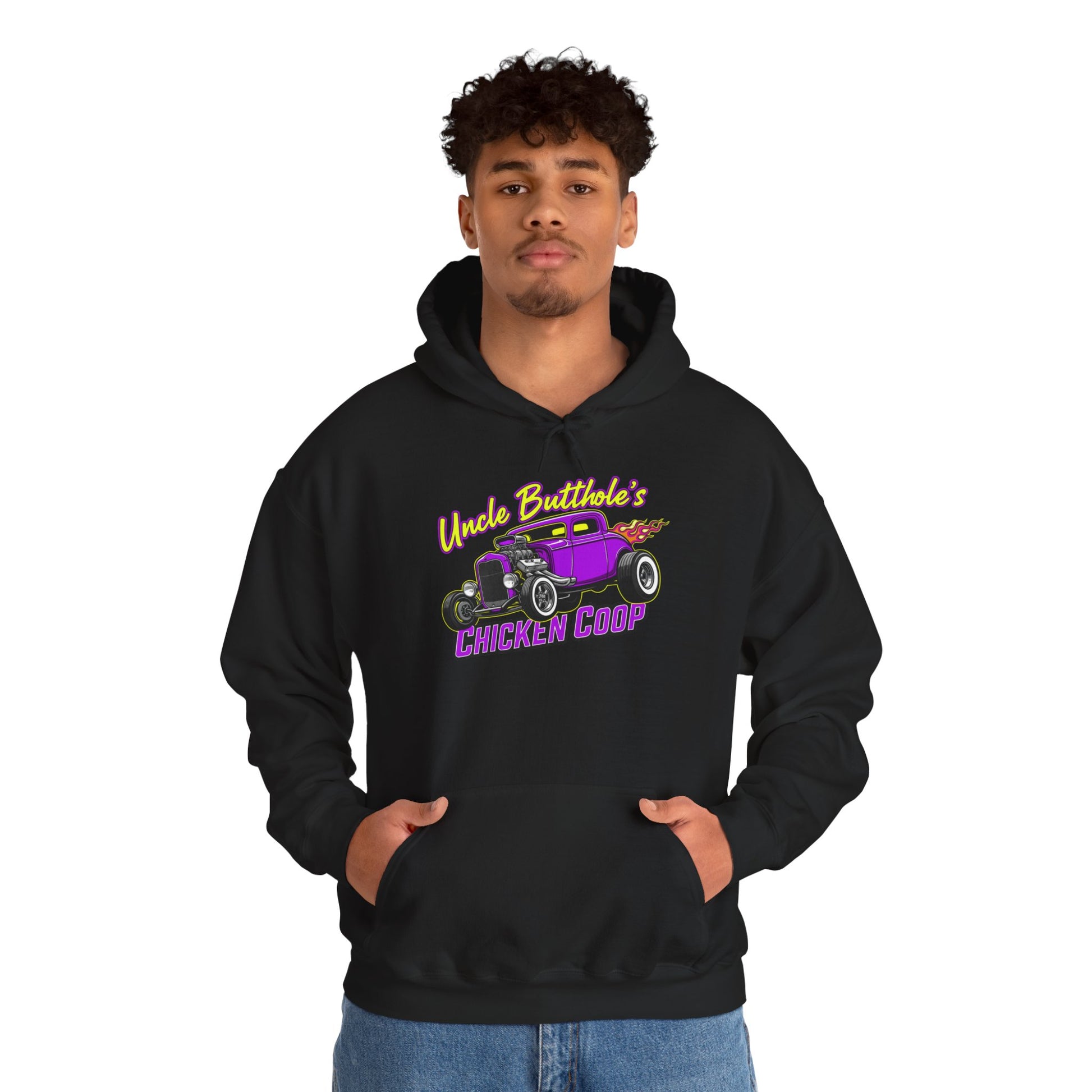 Person wearing a black hoodie with a graphic design and text 'Uncle Butthole's Chicken Coop' on a white background