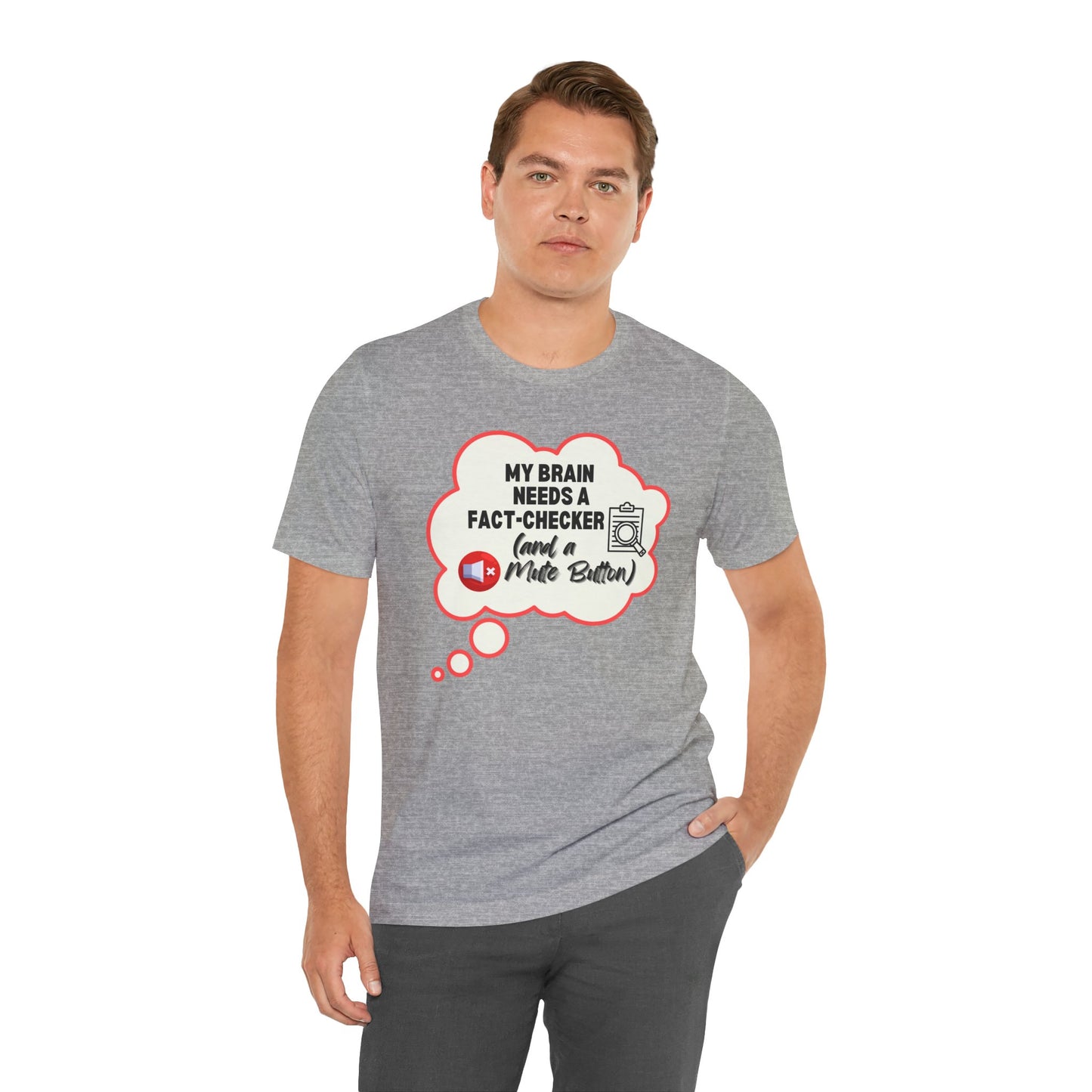 Man wearing a gray t-shirt with a graphic and text on a white background