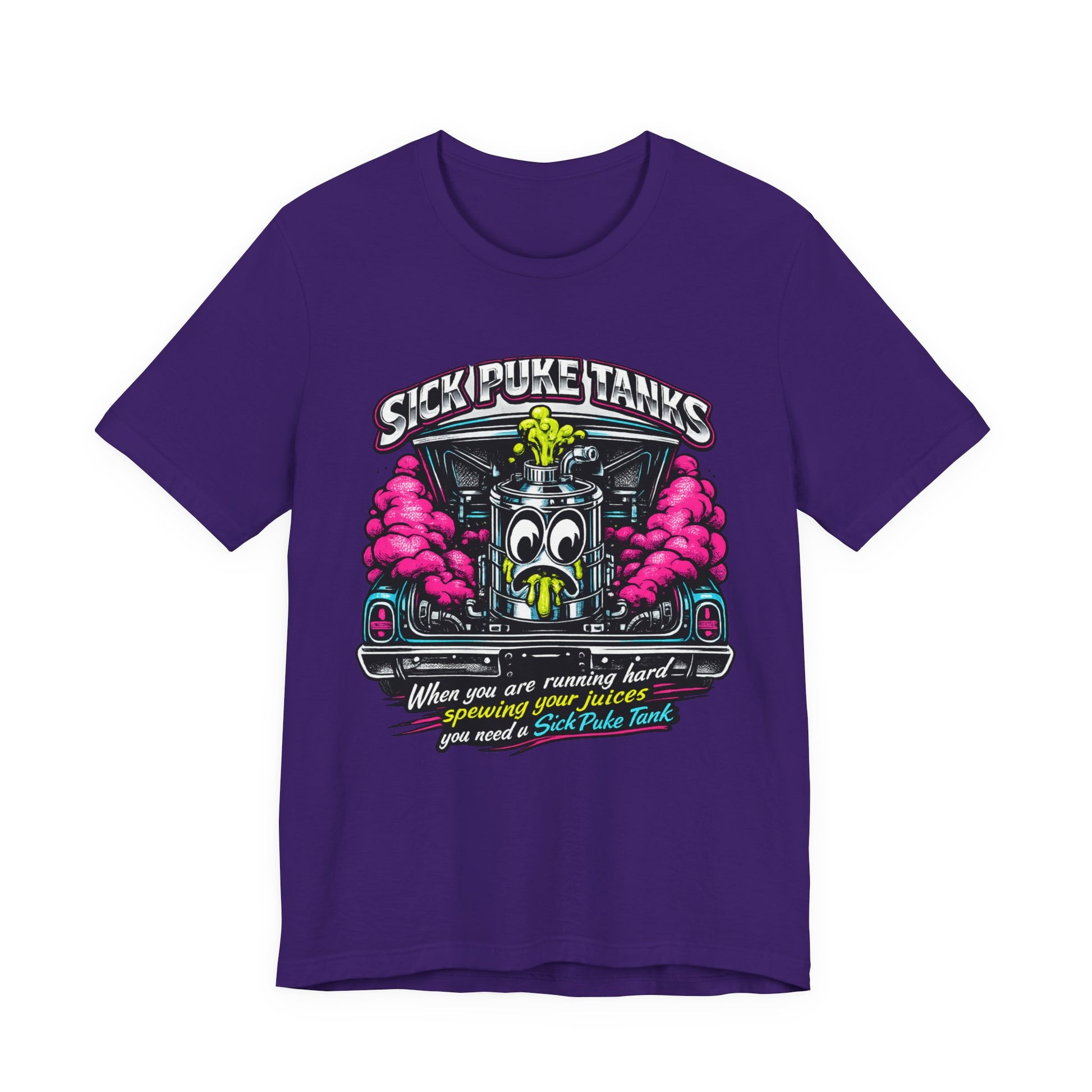 Purple t-shirt with a graphic design and 'Sick Puke Tanks When you are running hard spewing your juices you need a Sick Puke Tank' text