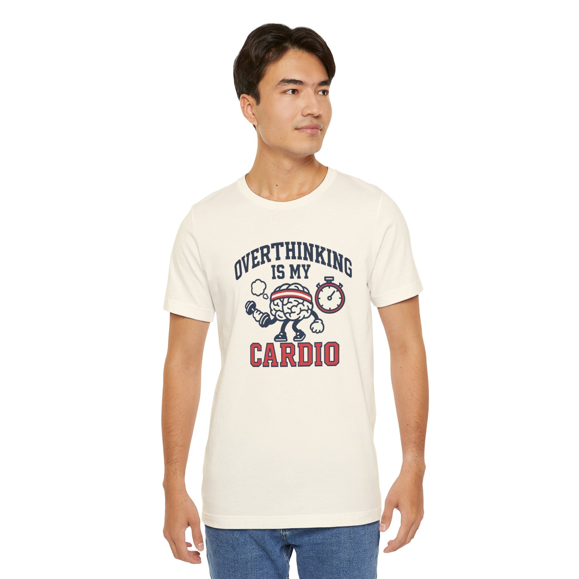Man wearing a white t-shirt with graphic design and text 'Overthinking is my cardio' on a white background
