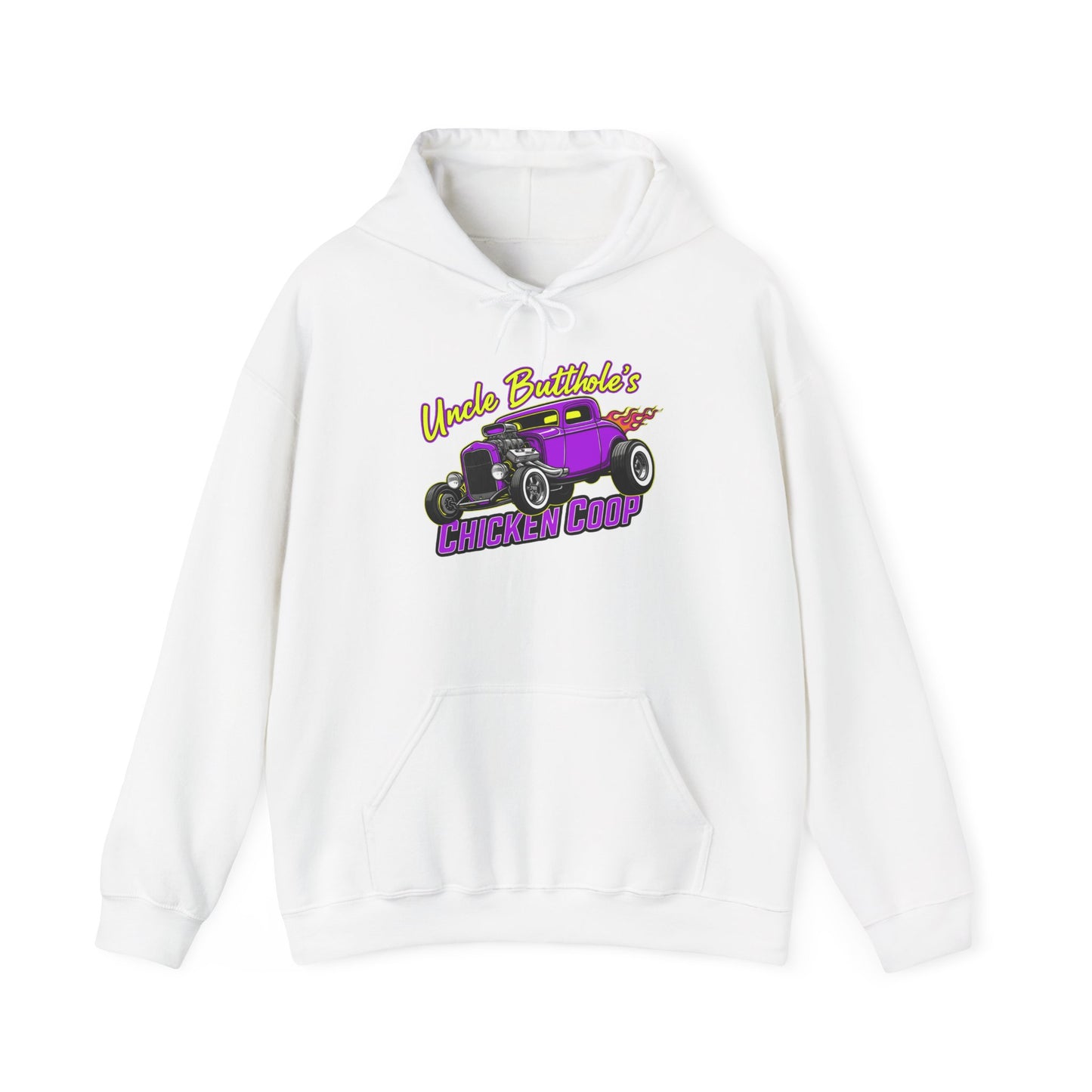 White hoodie with a graphic of a purple car and text 'Uncle Butthole's Chicken Coop' on a white background