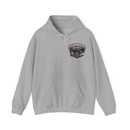 Gray hoodie with a 'Hardwood Hoods' logo on the chest against a white background