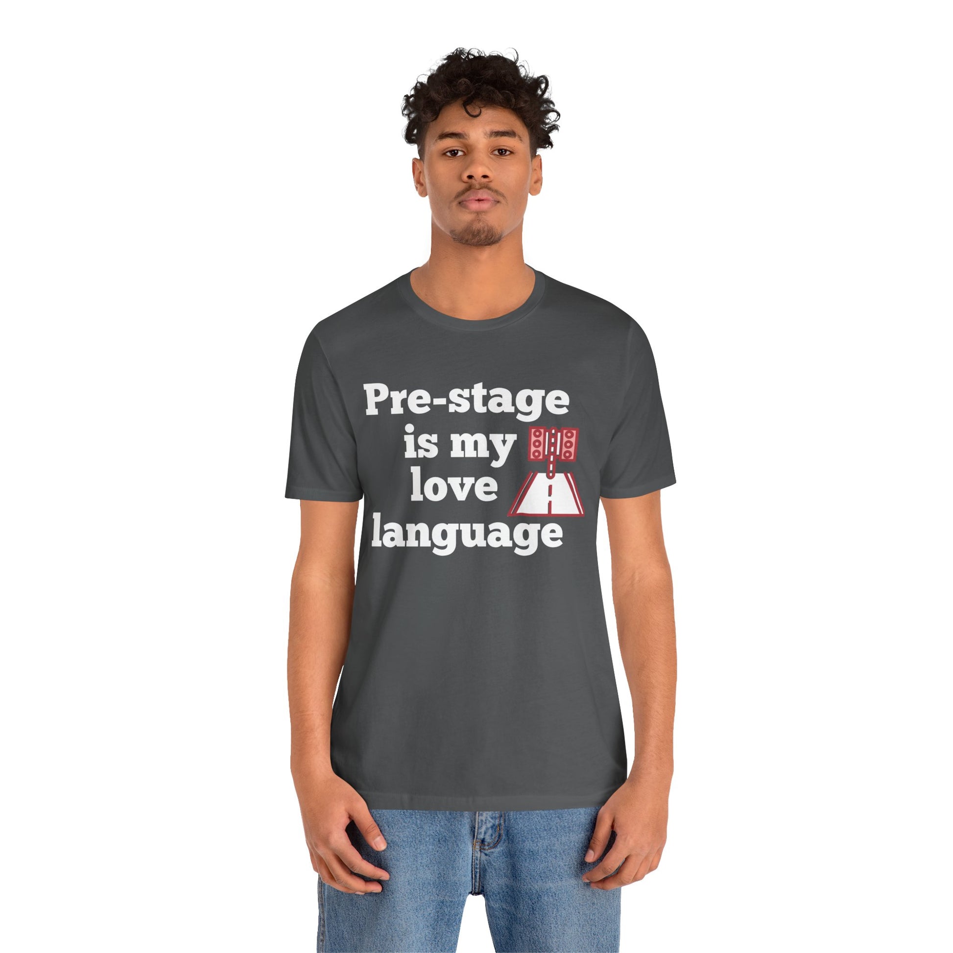 Person wearing a dark gray t-shirt with text 'Snooze button is my love language' and a graphic design on a white background