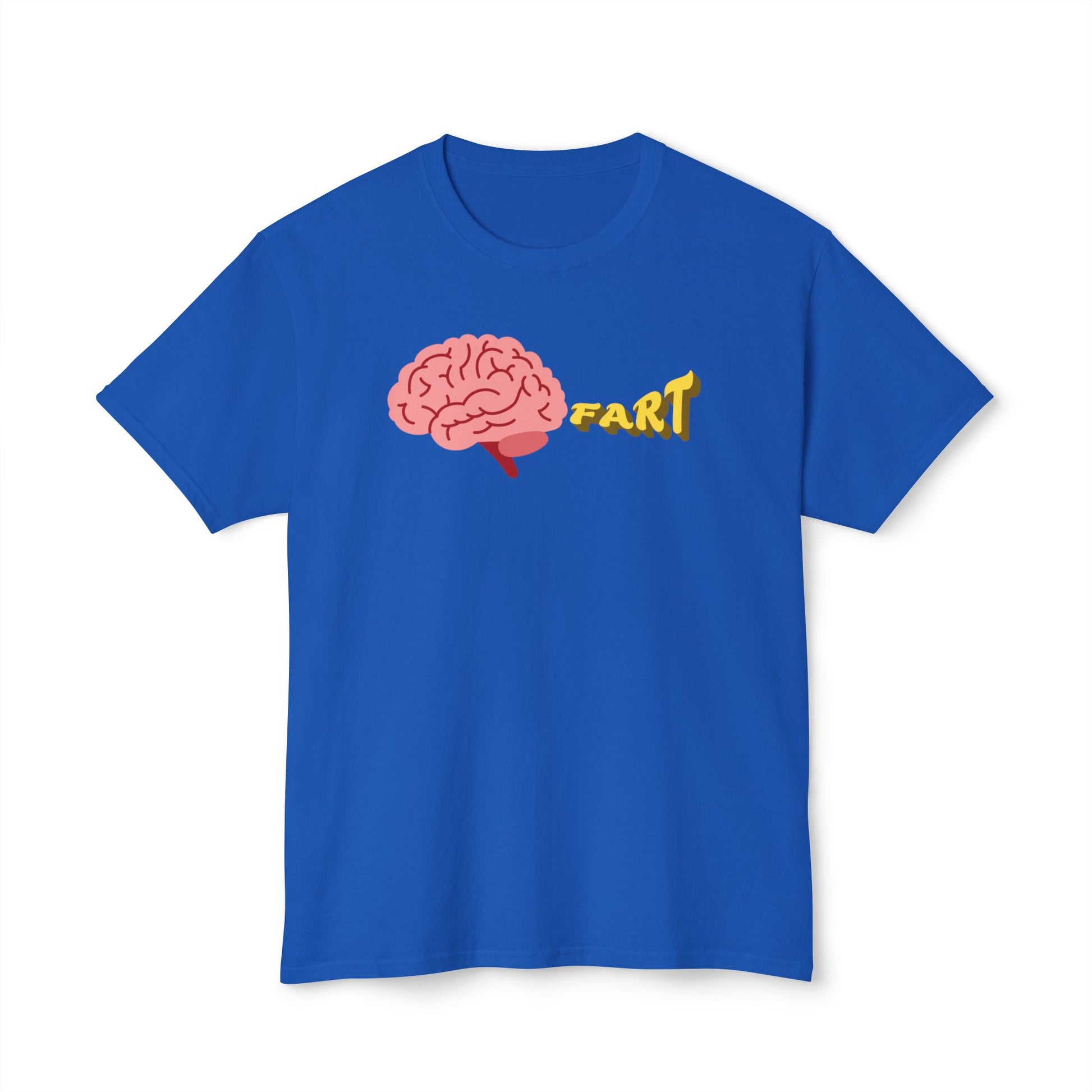 Blue t-shirt with a brain graphic and 'FART' text on a white background