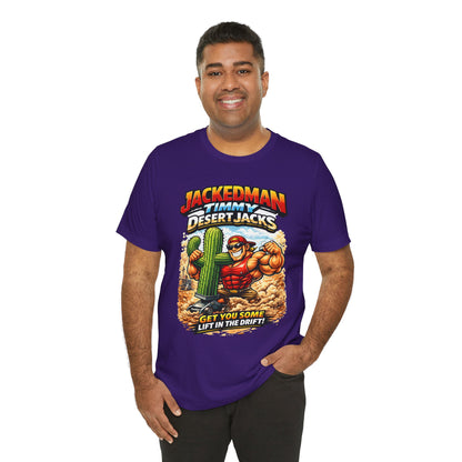 Man wearing a purple t-shirt with a graphic design and 'Jackedman Timmy Desert Jacks Get You Some Lift In The Drift' text on a white background