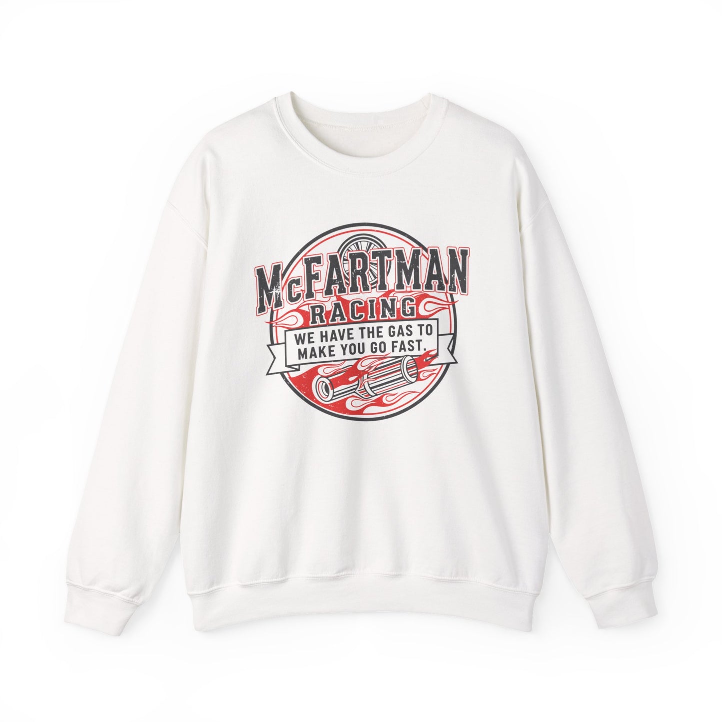 White sweatshirt with 'McFartman Racing' graphic on a white background