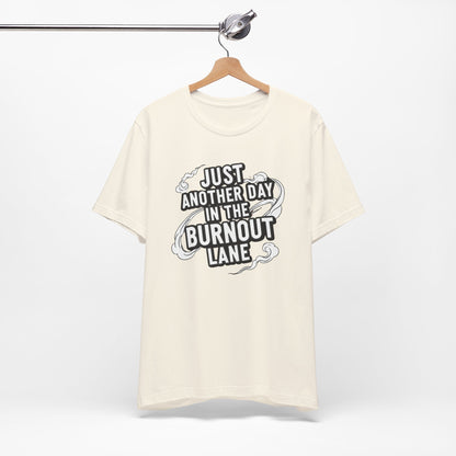 White t-shirt with black text on a hanger against a white background