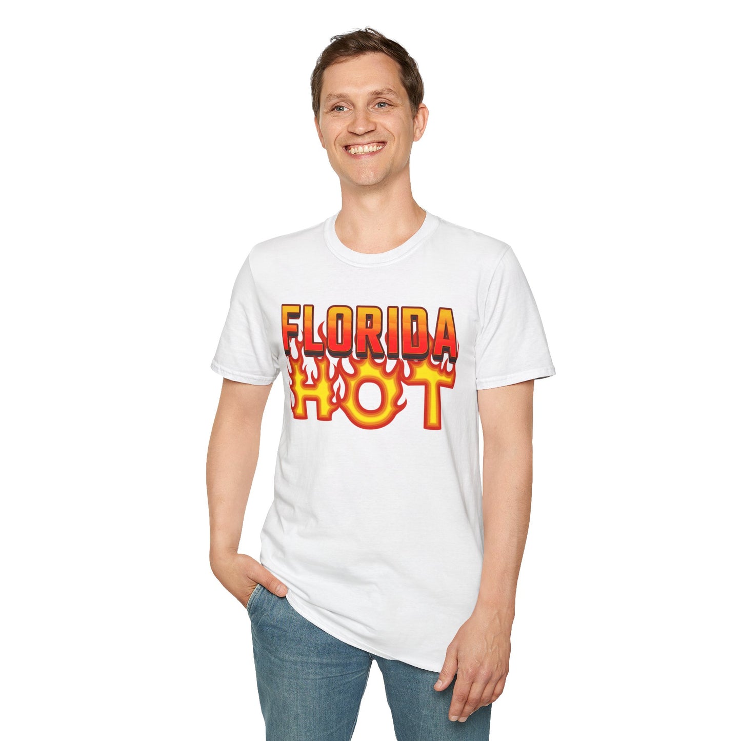 Person wearing a white t-shirt with 'Florida Hot' text on a white background
